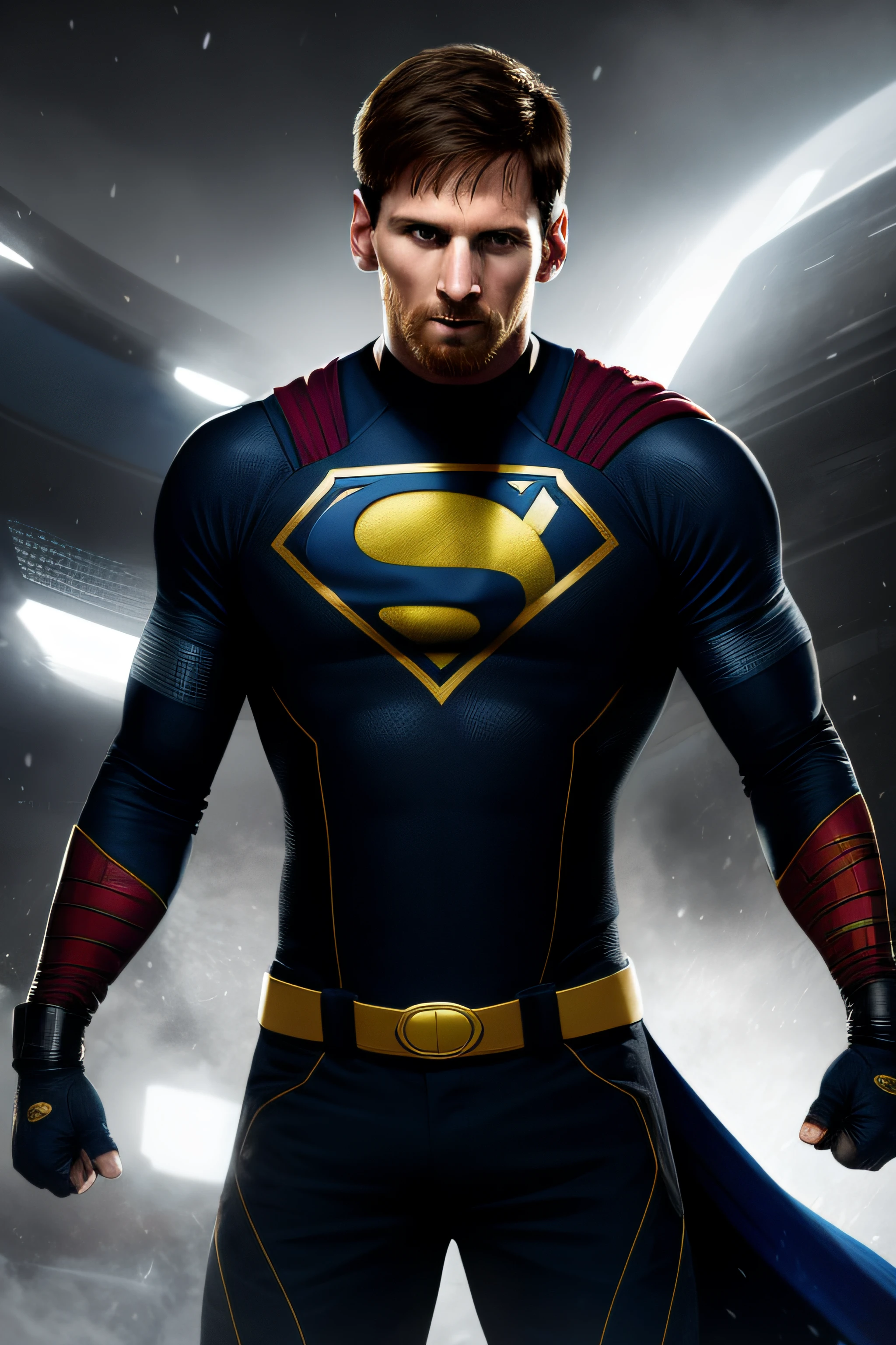 Messi plays the superhero 8K,k hd,详细的脸,Detailed eyes,Marvel and DC style,hyper realisitc,+ Cinema lenses + dynamic compositions,incredibily detailed,Sharpen,the detail + superbly fine details + lights in the night + perfectionism + award winning realism((Moody light)),Full body photo