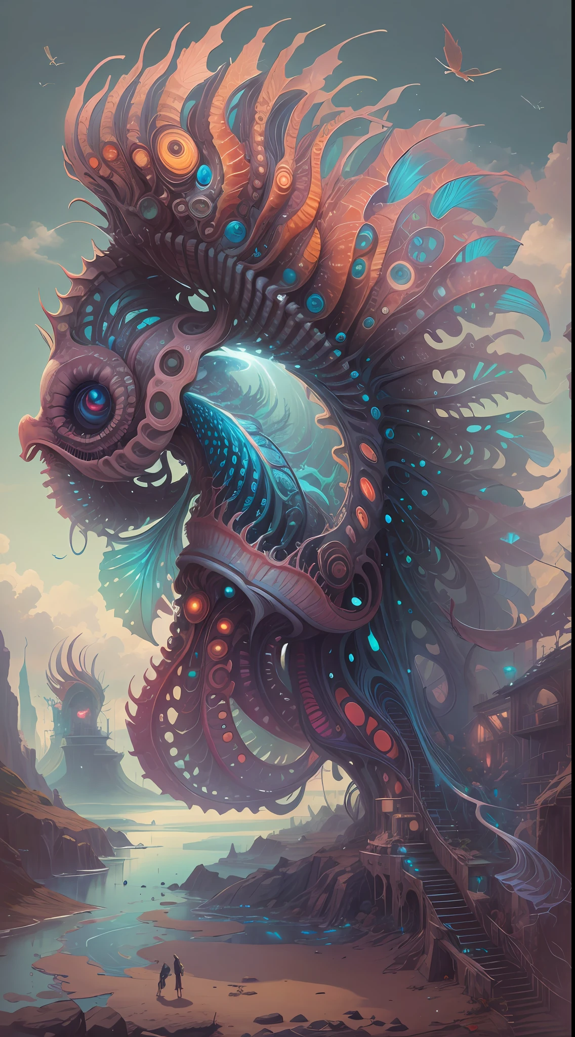 best qualtiy，tmasterpiece，超高分辨率，（photograph realistic：1.4），ultra-realistic realism，Dream-like，Beautiful leprechaun with phoenix peacocks on their heads, Nautilus, a betta fish，The creation of fantasy，Brain conch，Dream Conch，Biopunk Nautilus，Thrilling color scheme， ultra-realistic realism， abstracted， psychedelia,