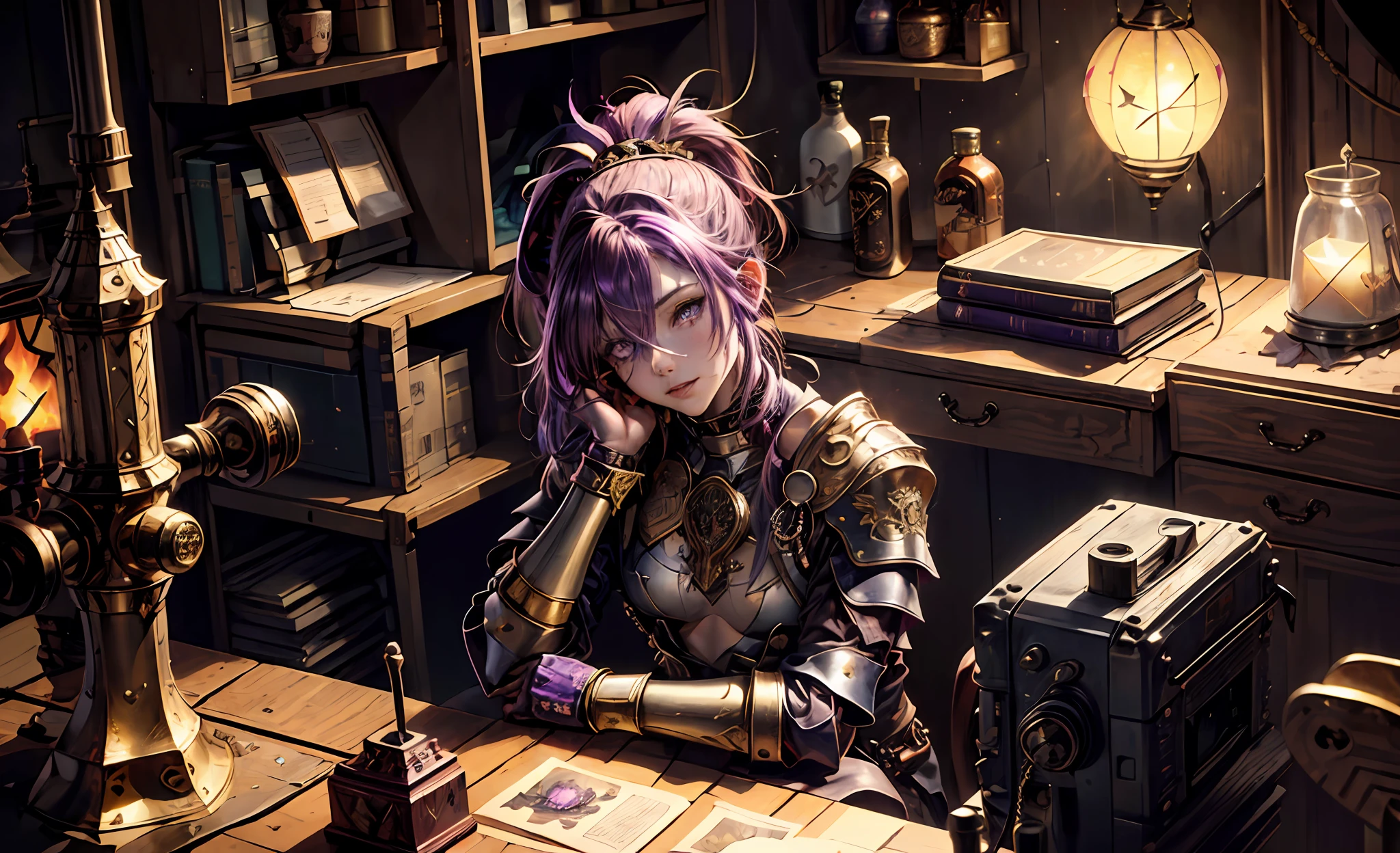 ((purple hair, hair over one eye, ponytail, purple eyes)),(masterpiece:1.2, best quality:1.1),8K,intricate details,HD,best illustration,wall-paper,intricate details,8K Hd wallpaper:1.6
1girl,12yo,Golden pupil,((Golden eye)),Golden iris,shine:1.6
Swords and shields, griffins, wings, banners, streamers, emeralds, crowns,The sheen, the detail, the sparks, the ink, the castle, the fire, the sunset,Crusader armor
Metallics, streamers, blood on his face,Chest exposed, broken armor,industrial, dieselpunk, Carved armor:1.4, scratches:1.2, battle damage, wounds