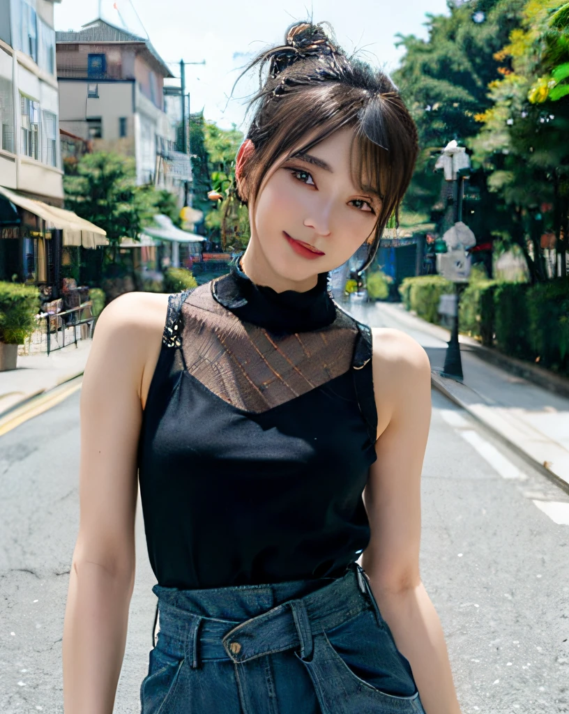 Woman Standing On Street Corner、top-quality、女の子 1 a person、middlebreasts、tag、blur backgroun、Slender Line、bokeh dof、outside of house、(Street:0.8)、(a person々、Large crowds:1)、Sleeveless knitwear、underboob、denim short pants、lowrise、a gorgeous.(Hair up to the waist:1.6、straight haired:1.6)、Beautiful sky with details、耳?????? Ring、(dynamicposes:1.2)、 (full body Esbian:1.2)、Soft lighting、the wind、glowy skin、Happy face、Sauce order、A gaze that looks at the viewer、A dark-haired、Glossy hair、sandal、Laughing、