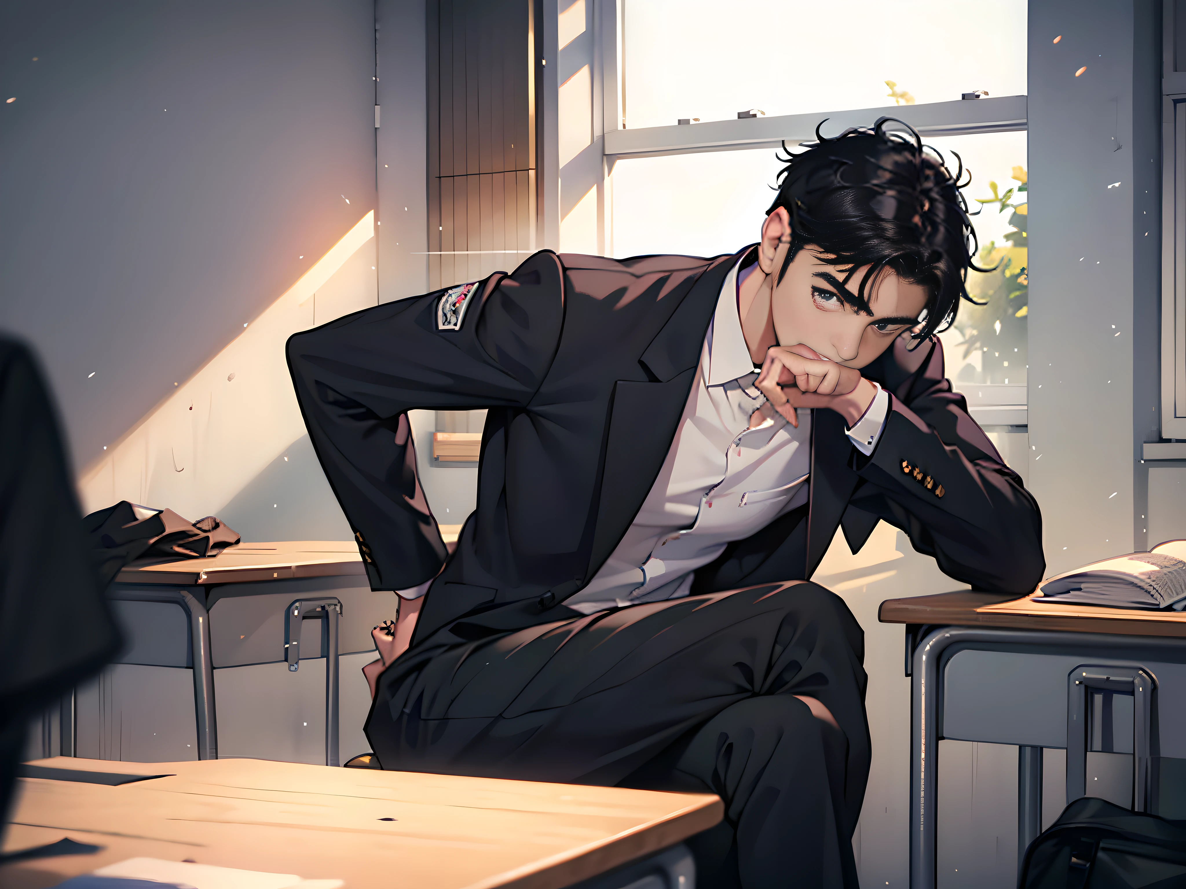 Male student A young man with short black hair in a school uniform sat at a desk in the classroom looking confused