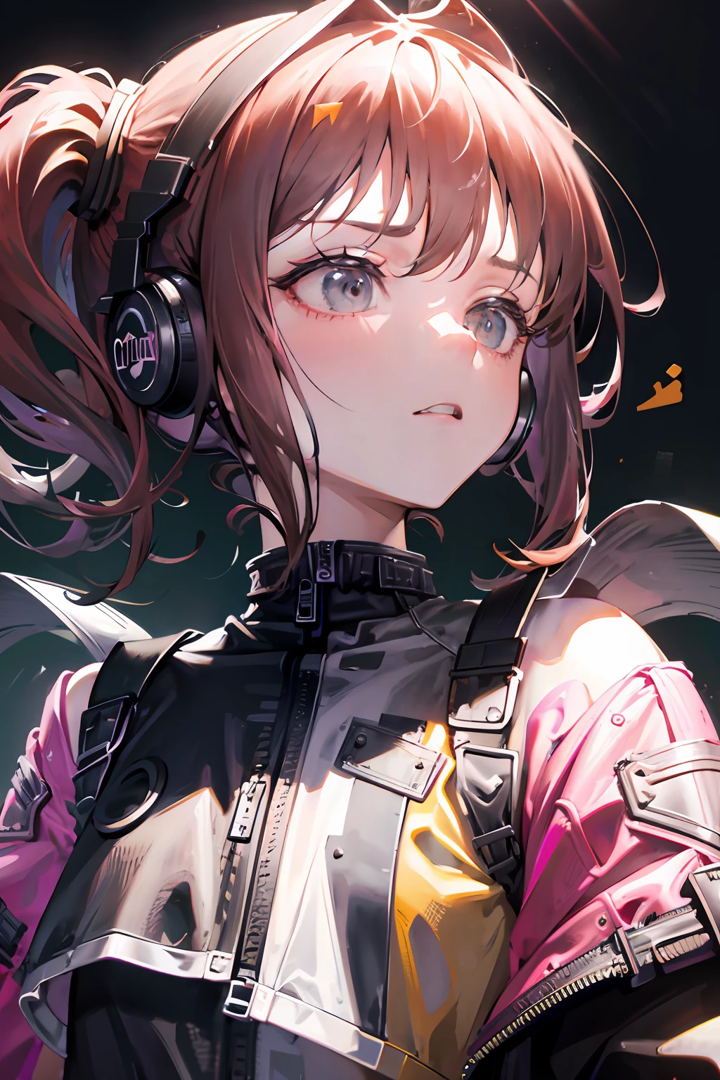 Masterpiece, best quality, colorful, a teenager with pink|black pigtails wearing a detailed leather jacket and anime tee-shirt touching a translucent panel, in a dark void filled with small intense light particles,   jacket off a shoulder, floating screens in front, dramatic viewing angle, dynamic pose, (face focus close up:1.2), detailed headphones with neon ears

All in view

Depth of field, high resolution, extreme intricate details, dramatic shadows, global illumination