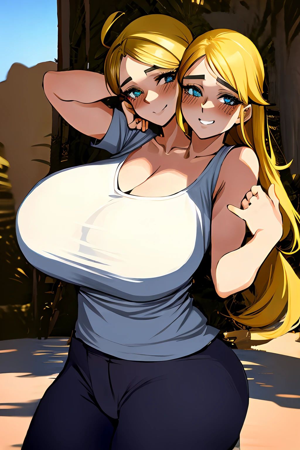 2heads, a short chubby woman with 2 heads. She has enormous breasts. She is inside a living room. She is wearing a tight colorful tank top and leggings. She has gigantic breasts. She has long blonde hair. She is sweating. She looks exhausted. She is smiling. She is blushing. She has enormous breasts. Her breasts are very circular and round.
