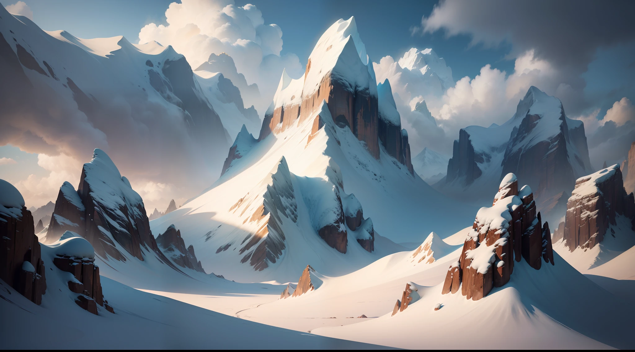 The mountains are covered in snow,Cloud cover,There are a few clouds below, 4k highly detailed digital art, 8K stunning artwork, marc adamus, 4K detailed digital art, bastien grivet, majestic snowy mountains, 8K high quality detailed art, trending on artstation 4k, ryan dyar, ice mountain, stunning digital illustration, high detal. Digital painting realistic