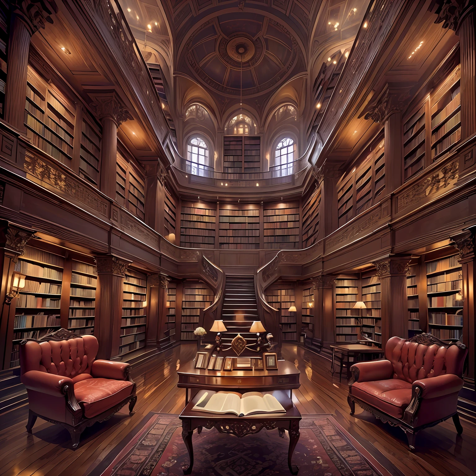 tmasterpiece，HighestQuali，extreme hight detail，Majestic library interior，Several long bookshelves have countless books，mistic，China-style，Dreamy