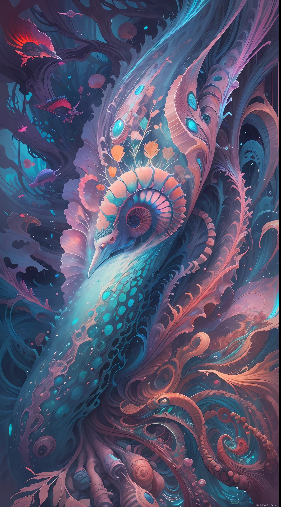 best qualtiy，tmasterpiece，超高分辨率，（photograph realistic：1.4），ultra-realistic realism，Dream-like，Beautiful blue-skinned elves，There is a phoenix peacock on the head, Nautilus, a betta fish，The creation of fantasy，Brain conch，Dream Conch，Biopunk Nautilus，Thrilling color scheme， ultra-realistic realism， abstracted， psychedelia,