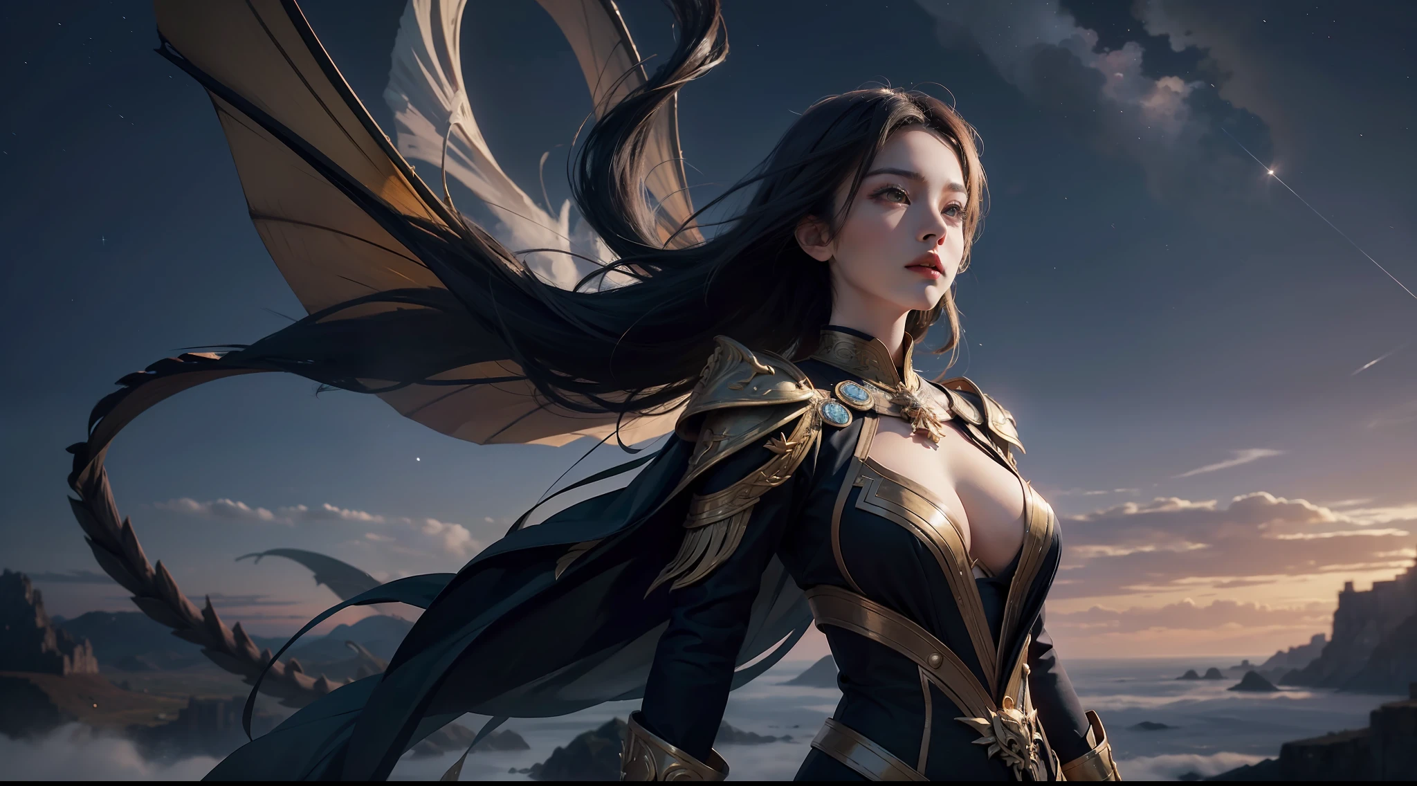 (Award-winning digital artwork:1.3) af (sketching:1.3),(with dynamism:1.3),(Saturation:1.3),(Close portrait:1.3),(femele:1.4),(big breasts beautiful: 1.4),(carismatic:1.3),Bright magic,complex patterns,Film filter, ,dramatics,dynamicposes,illusory engine, (High detail: 1.9),dragon flying in the background,Huge meteors,Sea of clouds,starlights