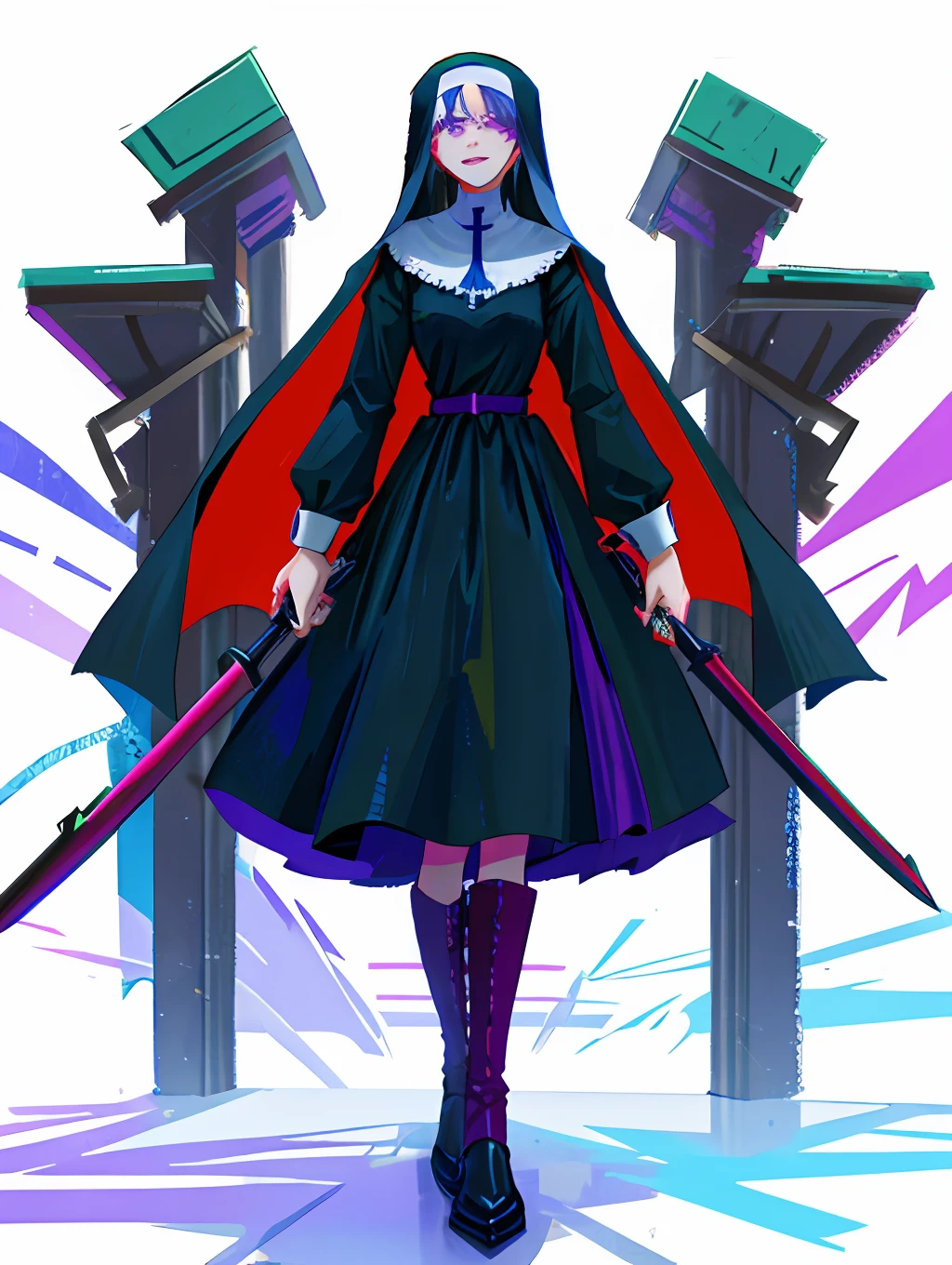 Tall and tall，Long black hair，Holding a heavy cross as a weapon，Smiling，Gothic wants a purple-eyed girl in a black nun dress on an iron plate