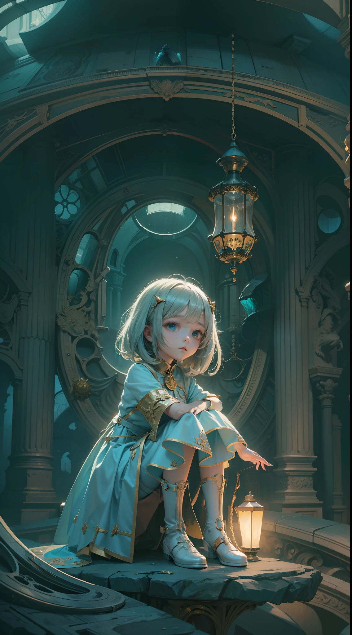 Picture quality:High detail masterpiece 8K high resolution body content:1 Girl 6 year old doll girl wide angle shot,in a panoramic view,Wear a suit,Moe doll assures,Sad expression background:Interior environment of ancient Roman architecture:Ghastly,Dimly lit,It has a magical touch atmosphere:Hopeful,Endless coercion,A sense of mystery, lamplight:Technical beams,Magic beam,The fantasy of the futuristic world is intertwined with reality color:Infused with ethereal hues and spooky shades,blue green,High purity color, composition:Wide angle composition,Spell composition,The character is in the center,Overlooking/Bird's eye view style reference:afofuturism,Dynamic complexity,sci-fy
