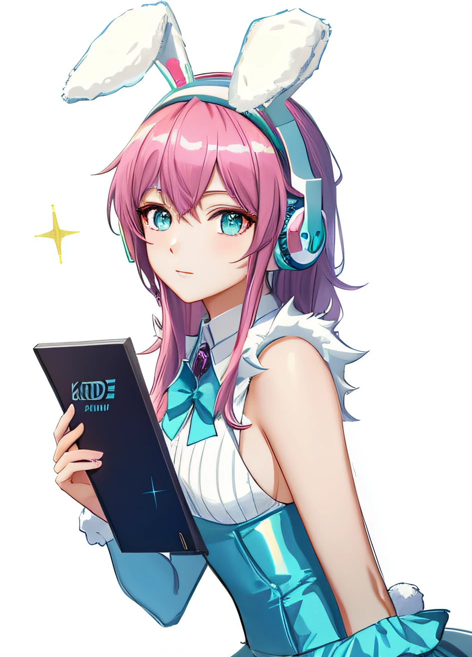 Anime girl holding tablet wearing cool glitter gaming headset,Wearing furry rabbit ears, with headphone, kda, Wearing a gaming headset,Wearing a gaming headset, Fine masterpiece,a beauty girl,4K masterpiece,grand master,Wear a delicate dress,