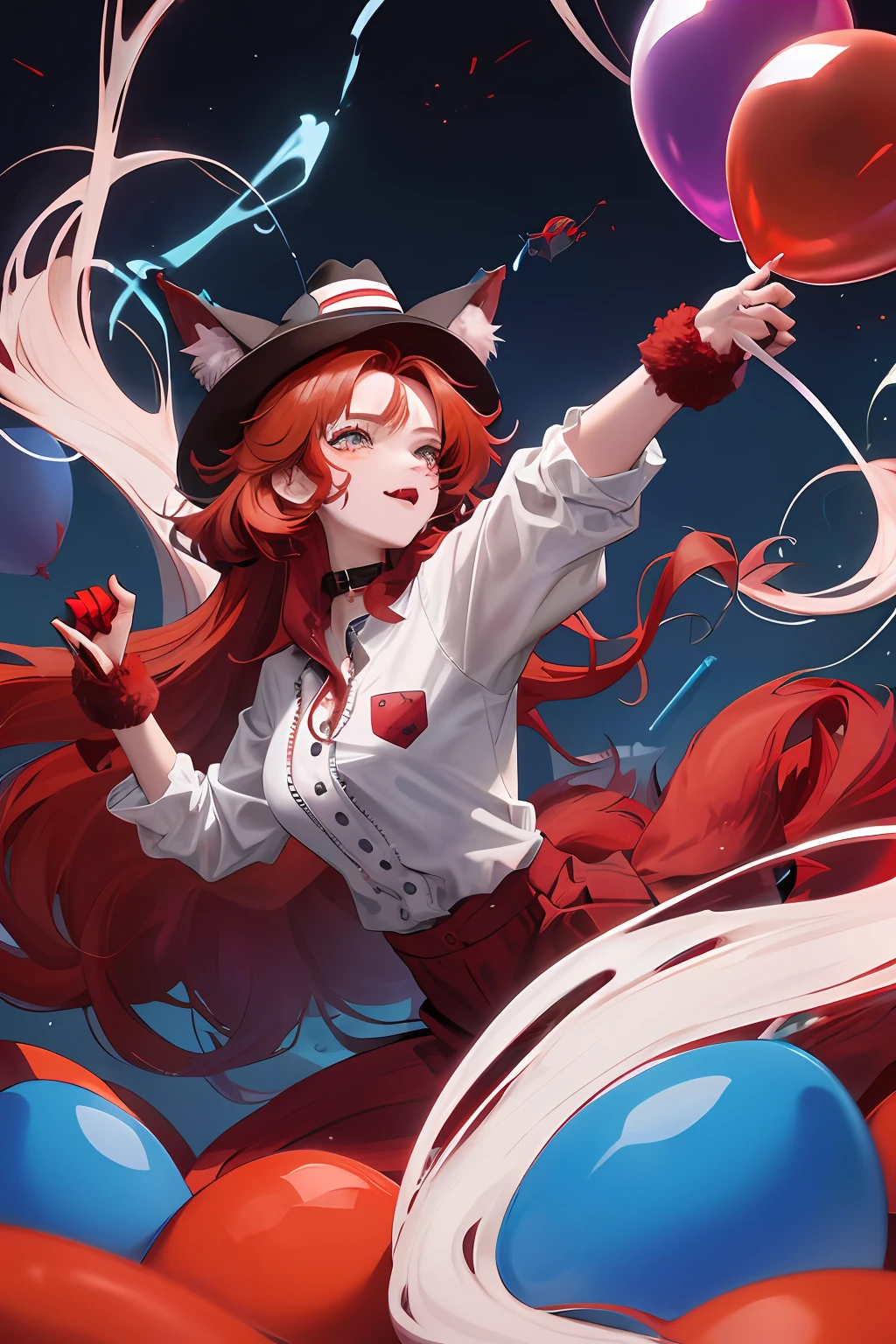 A werewolf,Red hair,Wolf face,Stretching out two wolf paws,There are no human five senses,The facial features of a wolf,Werewolf in colorful hat,Blue and red lightning bolts all around,There are also colorful balloons around,This character can be seen as a she-wolf
