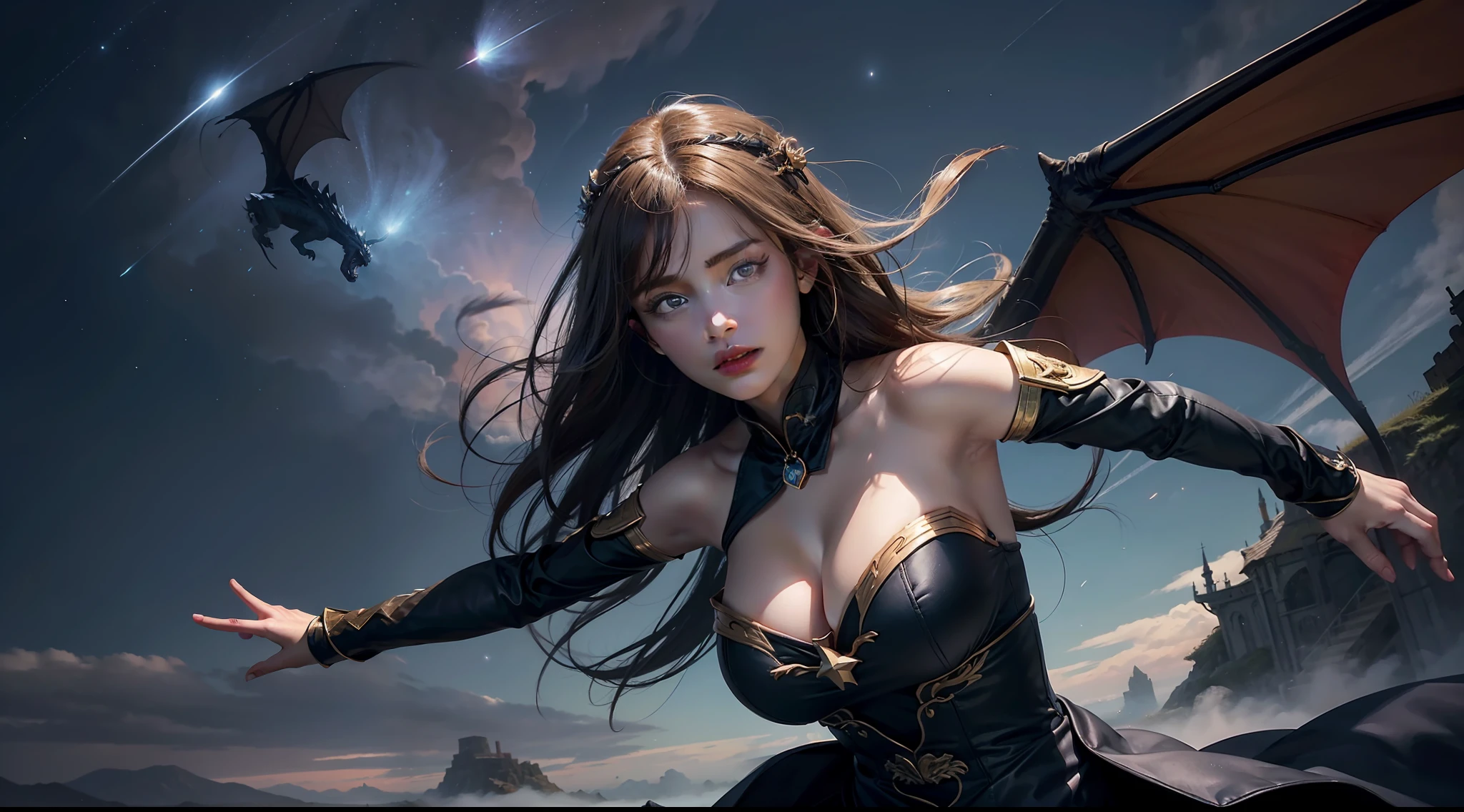 （Award-winning digital artwork：1.3） af （sketching：1.3），（with dynamism：1.3），（Saturation：1.3），（Close portrait：1.3），（femele：1.4），（big breasts beautiful： 1.4),(carismatic:1.3),Bright magic，complex patterns，Film filter, ，dramatics，dynamicposes，illusory engine， (High detail: 1.9)，dragon flying in the background，Huge meteors，Sea of clouds，starlights，sky-high tower