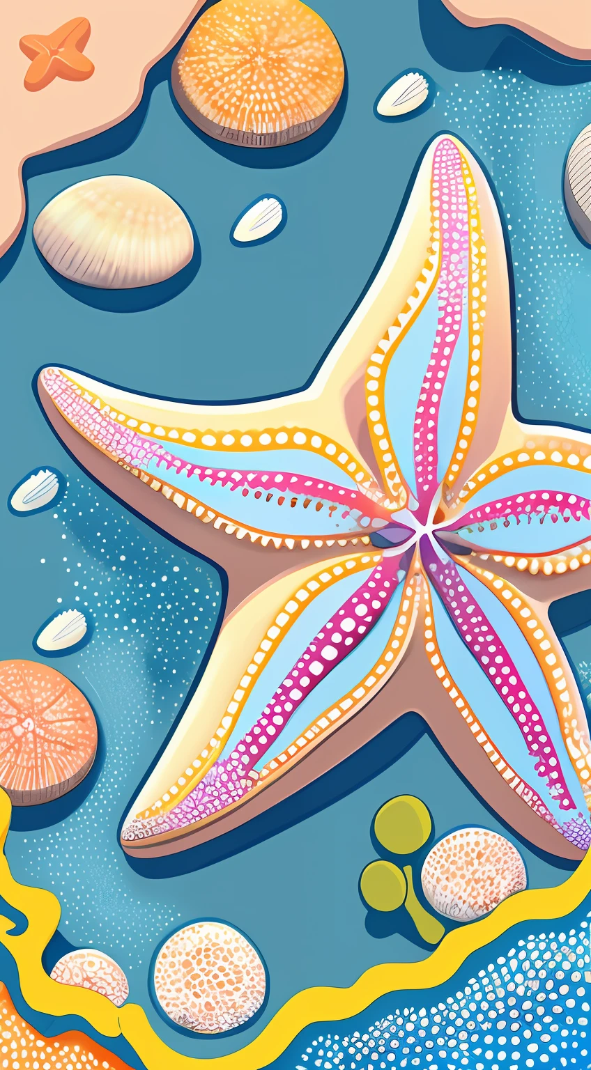 Beach sea star illustration with shells and seaweed, detailed digital illustration, starfish, Stylized digital illustration, hyper detailed illustration, Colorful illustration, illustration sharp detail, colorful illustrations, high detail illustration, full-colour illustration, Detailed illustrations, Higher detailed illustration, finely detailed illustration, starfish pose, kaiju starfish, detailed digital artwork, Detailed illustration, Detailed sea