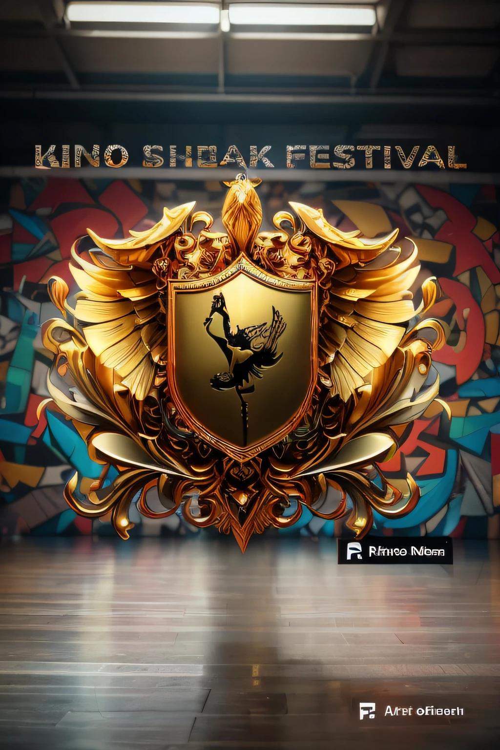 There is a golden shield with a black figure on it, arte oficial, Arte Oficial, Arte Promocional, Arte Oficial HDR, official rendering, dance festival, oficial, album, festival, official poster artwork, Rei, De partir a mente, fotografia, fotos oficiais, 2018, 2 0 1 8, foto de perfil 1024px, 2015