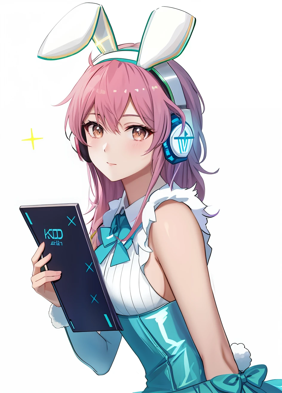 Anime girl holding tablet wearing cool glitter gaming headset,Wearing furry rabbit ears, with headphone, kda, Wearing a gaming headset,Wearing a gaming headset, Fine masterpiece,a beauty girl,4K masterpiece,grand master,Wear a delicate dress,