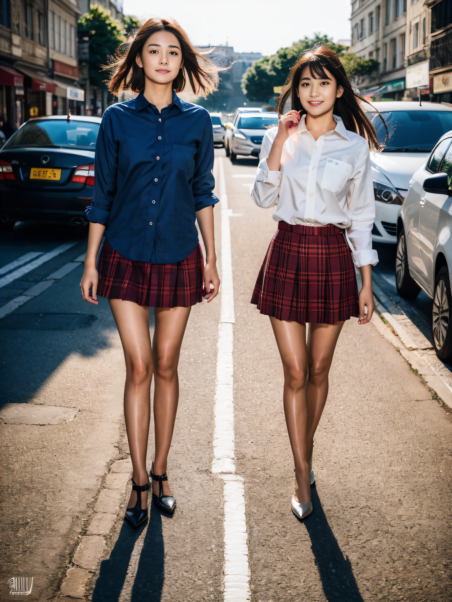 ,(RAW photo:1.2), (Photorealistic:1.4),Beautiful Meticulous Girl, very detailed eyes and faces, Beautiful detailed eyes, ultra - detailed, A high resolution, The is very detailed，best qualtiy，multipel Girls，tmasterpiece，blue-shirt，a skirt，illustratio，The is very detailed，unified，8k 壁纸，finely detailled，tmasterpiece，best qualtiy，Unity8k wallpapers，light in face，cinmatic lighting, 3个女孩, Continuous forward，16 yaers old，(Camel toes)，(full bodyesbian)，are standing，鎖骨，Stylish clothes，short  skirt，Long legs，high-heels，the street，城市，rays of sunshine