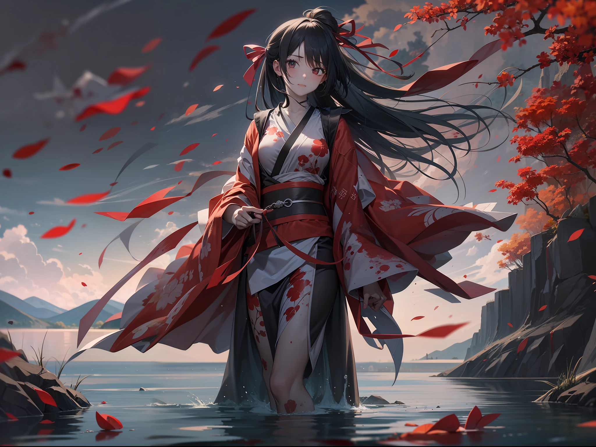 a beautiful and cute female walks on the lake in the mountain, the surface of the lake show that the female's two charactor's sides, above the lake is her light and kind side, below the lake is her dark and haemophius side, she is a female ninja, a blood moon on the sky, blood filled under the lake, wonderful lake and awesome blood field, Anime