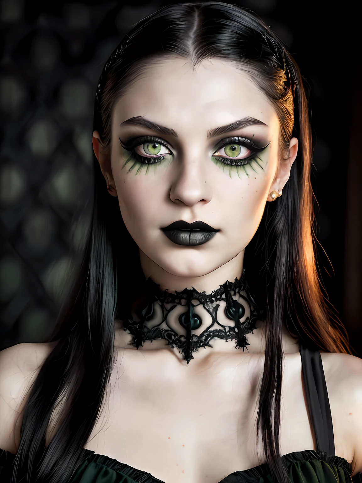 (close-up, photograph, 20 yo gothic woman) (green eyes, artistic makeup:1.2) (highly detailed face:1.4) (smirk:0.7) (black dyed hair) (background inside dark:1.3), by Steve McCurry, canon m50, editorial photograph, f1.8 lens ,black choker ,hyper realistic ,lifelike texture, dramatic lighting , awardwinning photo,