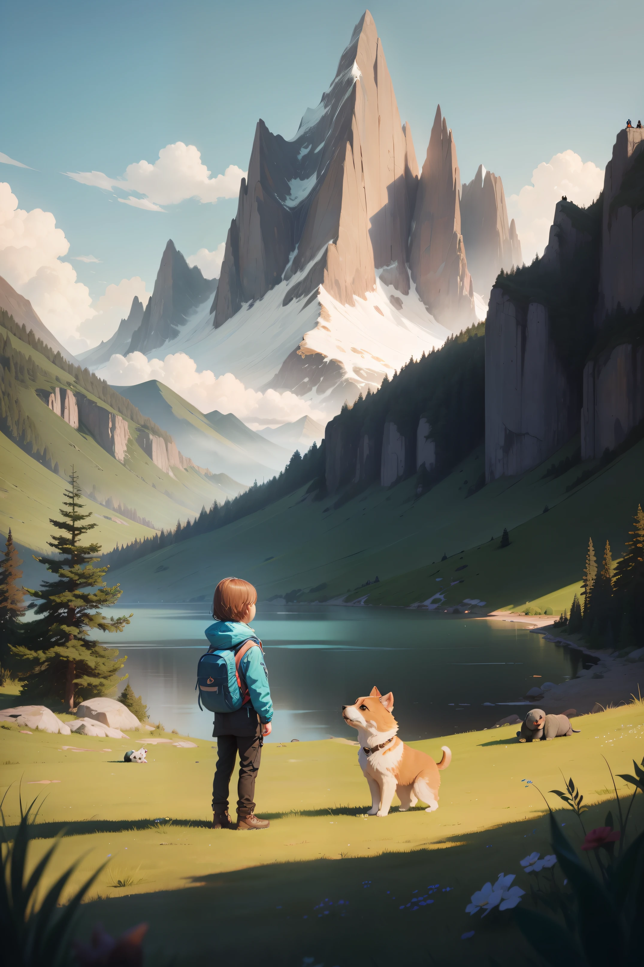 A little friend standing on the grass,Petting the puppy,There are mountains and rivers in the background,There is a spaceship in the sky,best qualtiy