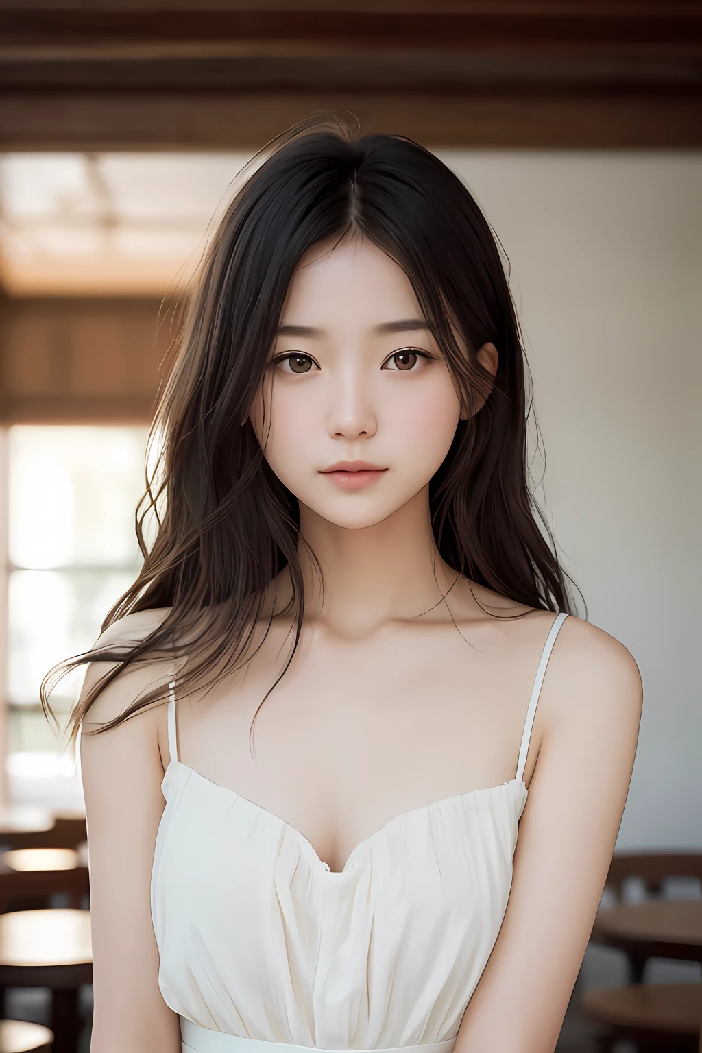filmg、Film Portrait Photography、女の子1人、bare shoulders、Wavy shoulder-length hair、calm、calm、(Realistic detailed eyes、natural skin textures、Realistic face details)、Soft and dramatic lighting、depth of fields、Bokeh、Vivid details、finely detailed、surrealistic、35mm Film、Hazy blur、small tits、Inside the café