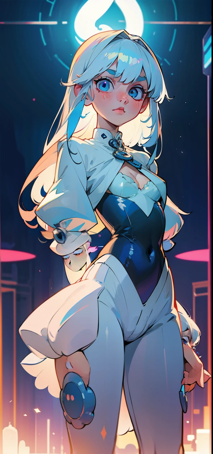 1 Girl, baby blue eyes, nose, eyebrow, ear, big white hair, blue hair locks, bangs, eye hair, sexy anime white rabbit outfit, big chest, standing, background scenery, in a nightclub, lights colorful, ambient detail, ultra-detailed