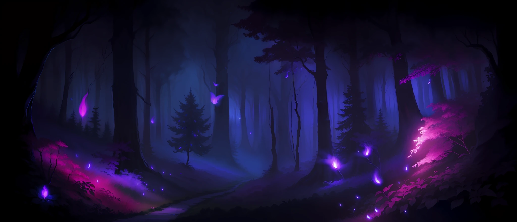 A dark forest，Fuchsia flowers and blue sky, magical forest backround, background artwork, magical forest background, arte de fundo, night forest background, Magical background, moonlit forest environment, elf forest background, a magical forest in the background, Night Forest, game background, firefly forest at night, mystical forest background, Night background, magical forest with fireflies