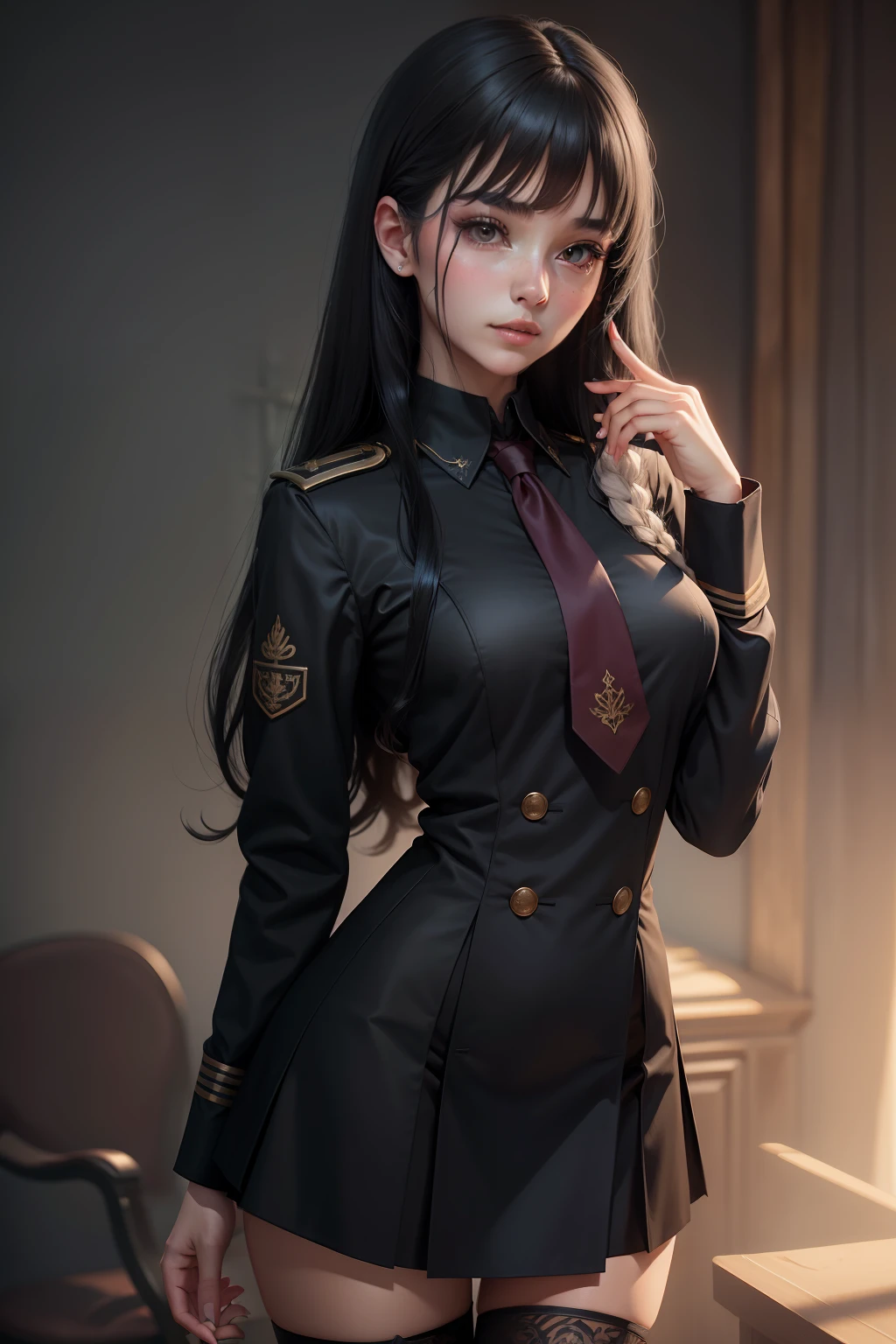 best qualtiy,,1girll,tmasterpiece,,8K,detailed skin textures,Detailed cloth texture,beautifull detailed face,Complicated details,the ultra-detailed,,JK school uniform,Black straight hair,blacksilk,Long legs,full bodyesbian