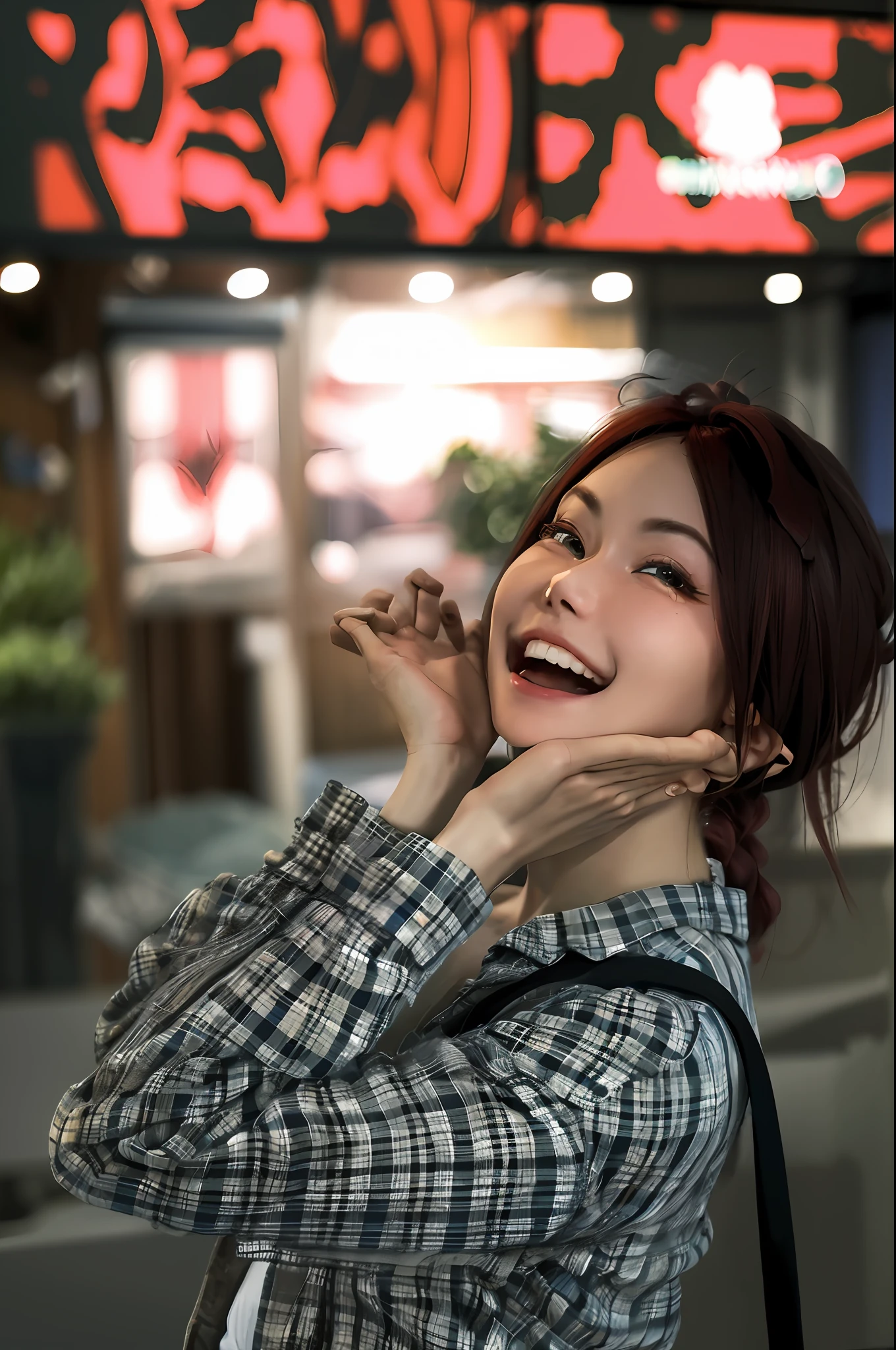 (RAW photo, Best quality), (Realistic, photo-realistic:1.2), Wrist cuffs, Checkered shirt, Open clothes, standing, Head tilt, arm support, head rest, Red hair, Low ponytail, Upper body, Looks to the side, 1girll, Open mouth, :D, eyeslashes, cheerfulness, Depth of field, Outdoors, (highdetailskin:1.4), ornate hair, Soft lighting, High quality, Professional lighting, photon maping, Radio City, Physically-based rendering