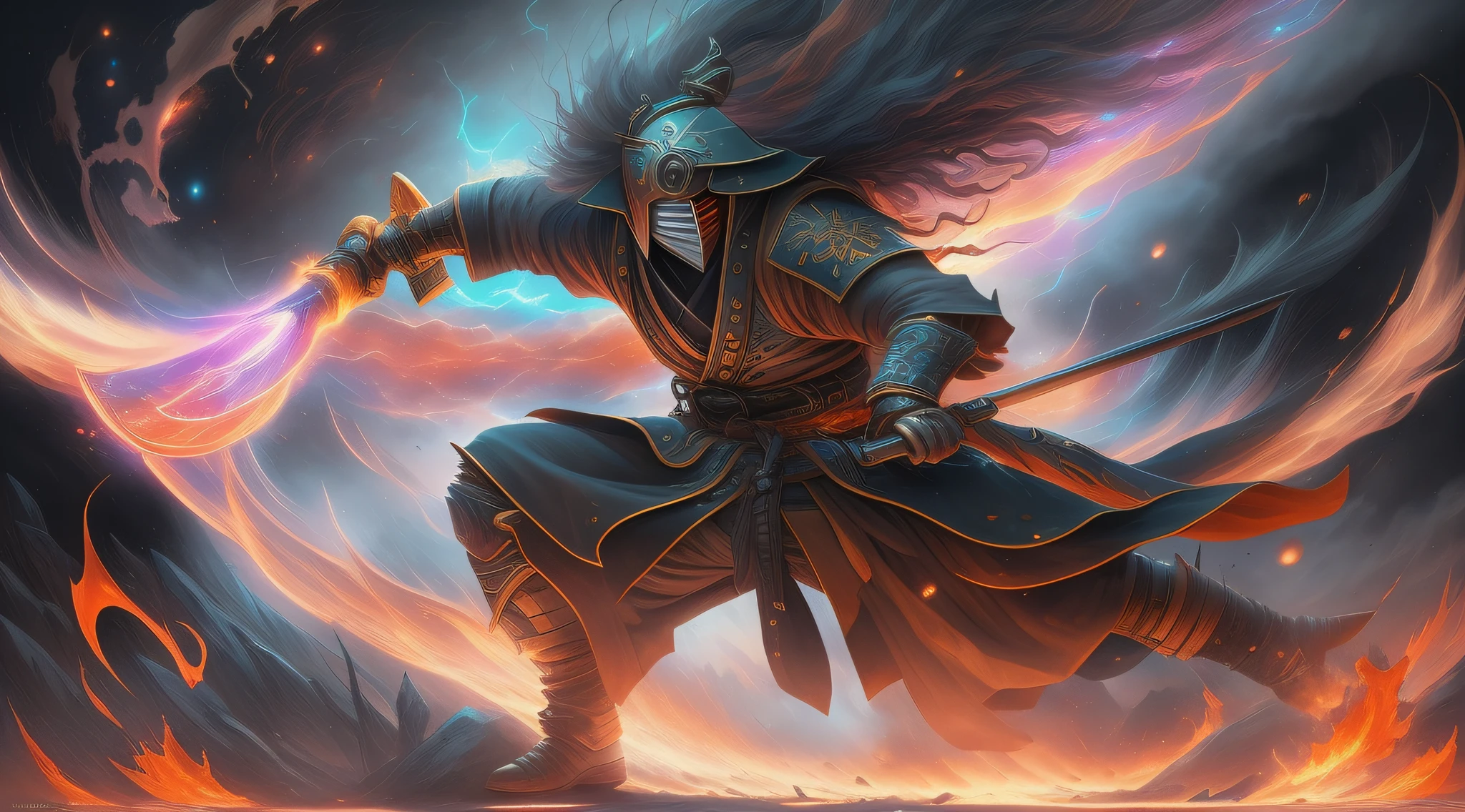 A samurai disguised as a deity in action and unleashing an attack on enemies with his mystical katana in a dark battle, armadura GALAXY de corpo inteiro, Plumes of black jet smoke, Charcoal, explosion of vibrant colors, sengoku period, incrivelmente detalhado, morbid, Escuro, Principais elementos visuais, Renascimento, volumetric light, Atmospheric, Estilo Greg Retkowski, ao estilo de Peter Mohrbacher, Altamente realista, Ultra Wide Epic Shooting, Motor Unreal 5