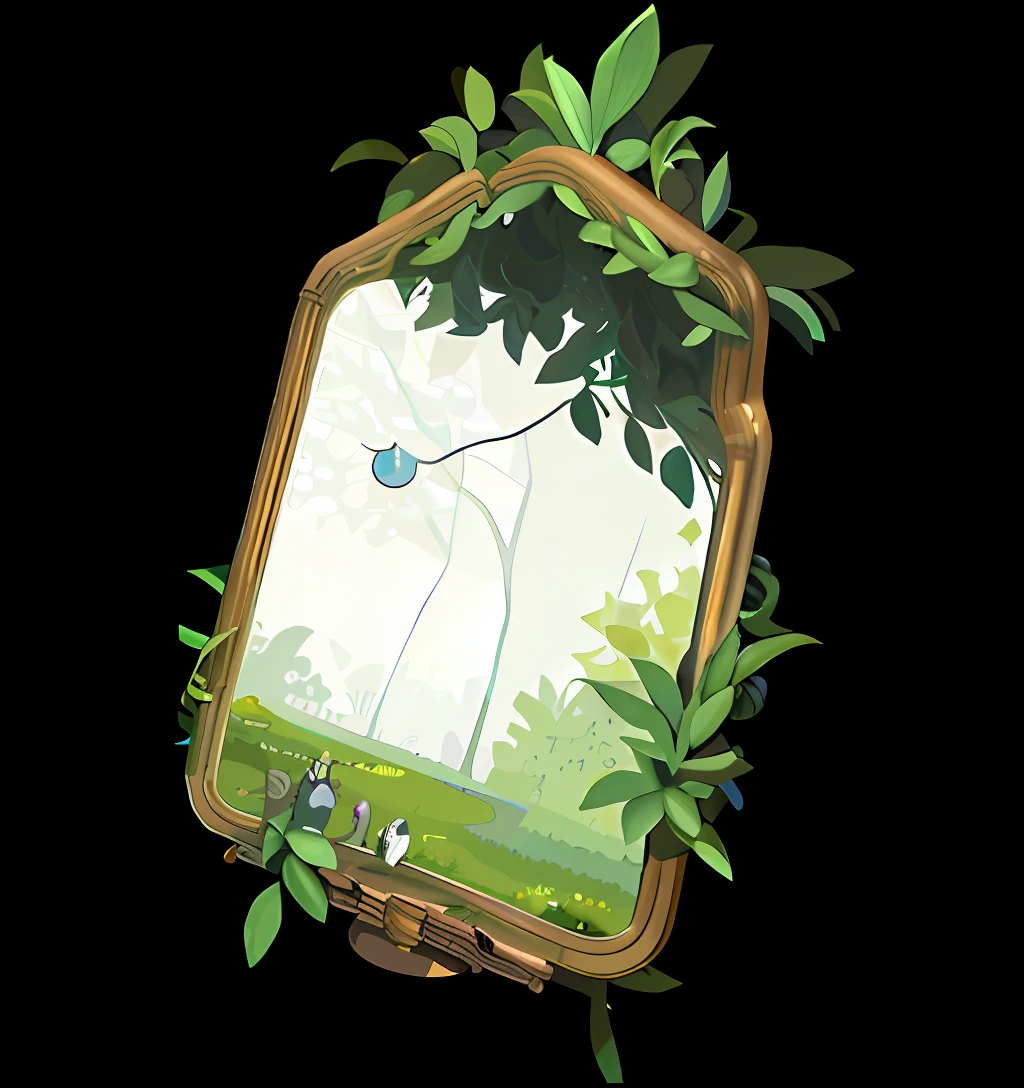A game icon,It's a mirror,Square,There are forest monster elements,in style of ghibli