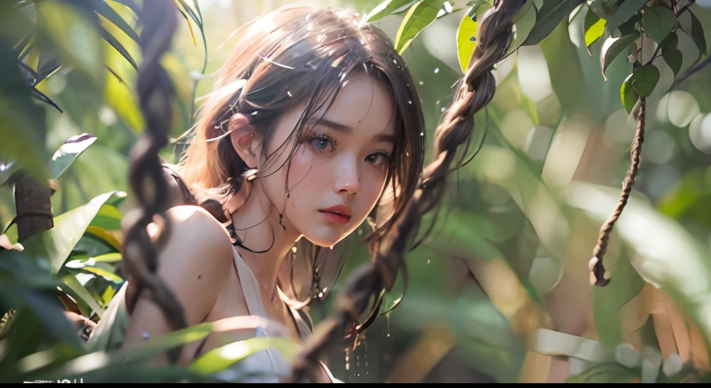 ( Award-Awarded, 8K, acurate, best qualtiy, The is very detailed, photorealisti), (photograph realistic：1.4)，Natural ecology, Dense jungle, Surrounded by rattan, grape trees, Wrap around the body, Whole body bondage,  From the front side， a Pretty Japanese woman, 29years old, Beautiful and charming, Sexy stunner, Detailed facial features, Textured skin, an look of enjoyment, Pink White Long Hair, Very long hair, Voluptious body, Slender body, Slender limbs, Tulle transparent clothes, Bound by vines, Sex slaves, Burning with desire , Sexual suggestiveness, Highlight the buttocks,  Show off yourself，Genital water， genital exposed , Cinematic lighting effects, lightand shade contrast, dynamic blur, ((lush jungle, Rattan Prefecture, lens_flare, Rope restraint, drenched all over the body, Punished, ceza, Vaginal rundown))