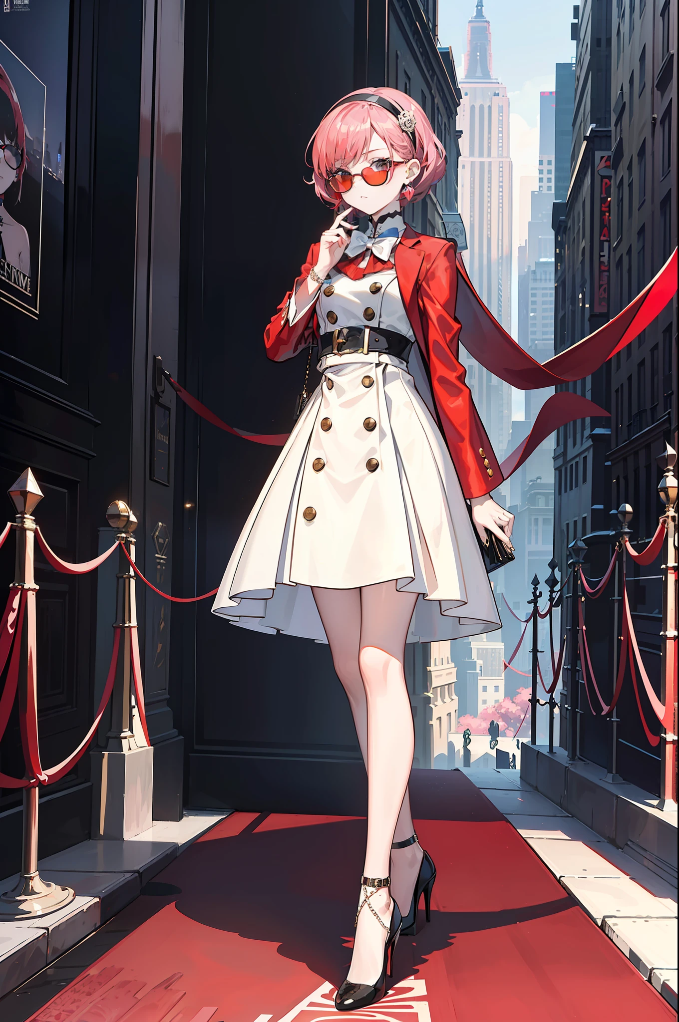 masterpiece,(bestquality),highlydetailed,ultra-detailed, modern, in a trendy street, vibrant colors, stylish, chic, high-fashion, (fashion week:1.5), (runway:1.2), (cityscape), (skyscrapers), (fashionable crowd), (luxury brands), (bold:0.8), (edgy:0.6), (streetstyle:1.2), (fashion influencers), (designer outfit), (high heels), (statement accessories), (minimalist:0.5), (monochrome:0.7), (street art:0.8), (urban fashion), (stylish sunglasses), (timeless elegance), (glamorous:1.2), (red carpet:1.5), (celebrity fashion), (empire state building:1.2), (iconic landmarks), (fashion district), (nightlife), (uptown chic), (downtown cool),little girl,short hair,Half updo,pink hair, silver eyes,hairband,glasses,hair_bow,cute girl,small breasts