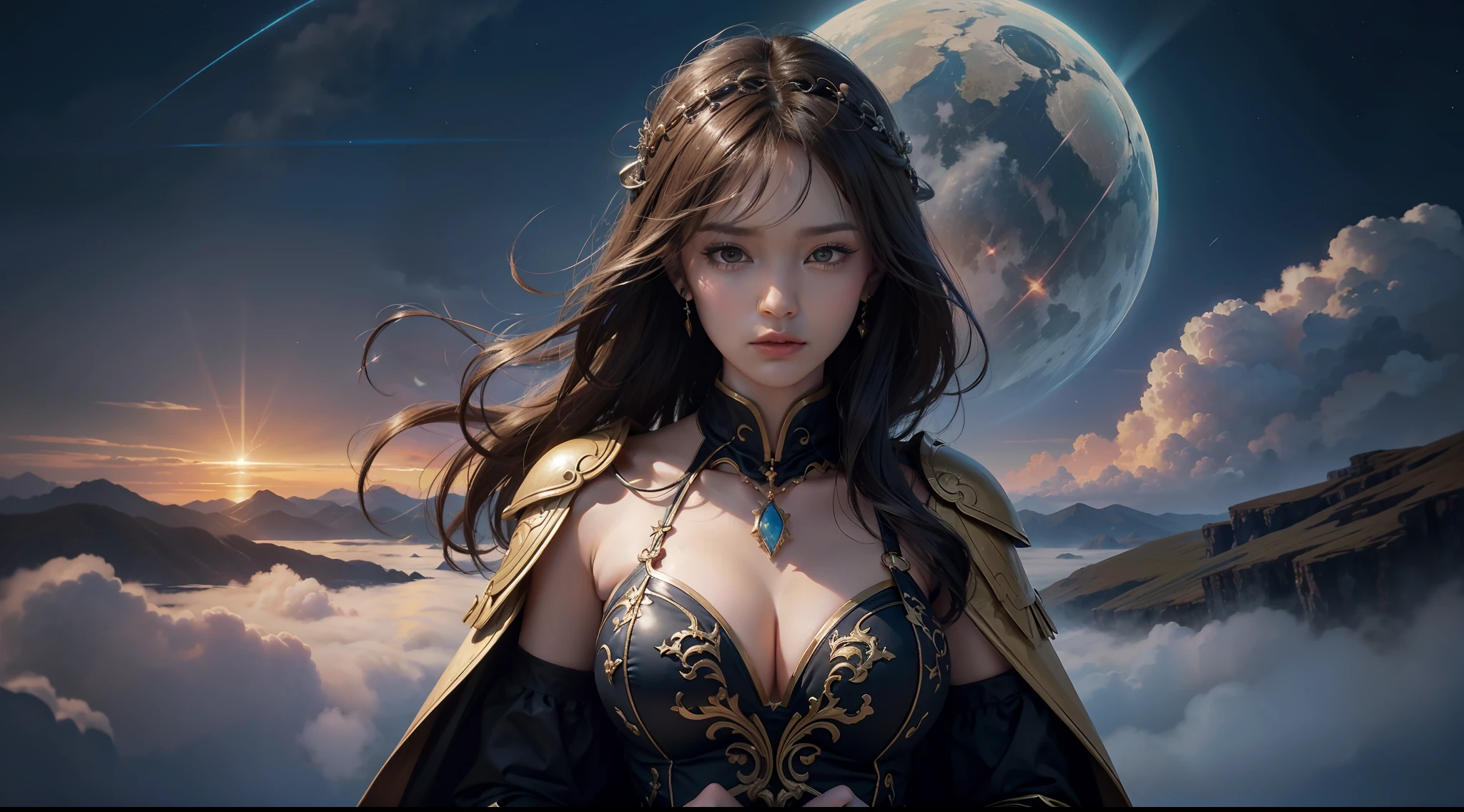 （Award-winning digital artwork：1.3） af （sketching：1.3），（with dynamism：1.3），（Saturation：1.3），（Close portrait：1.3），（femele：1.4），（big breasts beautiful： 1.4),(carismatic:1.3),Bright magic，complex patterns，Film filter, ，dramatics，dynamicposes，illusory engine， (High detail: 1.9)，dragon flying in the background，Huge meteors，Sea of clouds，starlights，sky-high tower