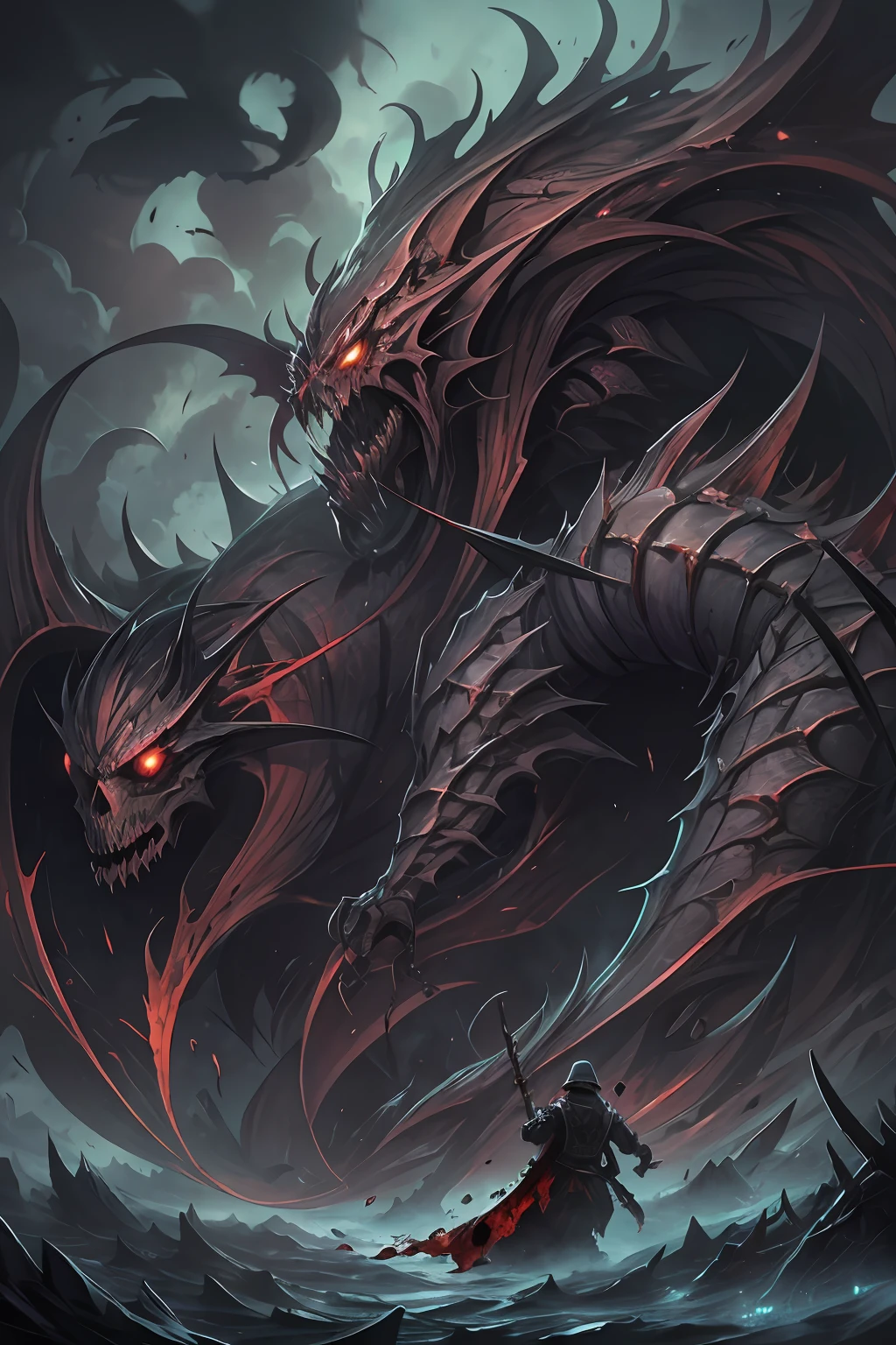 (Messenger from hell:1.4),Look up from the bottom up,hell,magma,火焰,(Purple flame:1.3),fresh blood on the ground,blood pond,Dripping blood,Skeleton remains,((Super huge, Thick and sharp giant claws)),(((Black antique hideous scales))),(((The scales are covered with thick barbs)))((Super thick and terrifying scales)),Wrap the whole body,((Bloodthirsty and murderous devil man)),combats,Ugly face,full body pov,Black lightning streaked across the sky,(((A tumbling thick sea of clouds is at your feet))),(There was blood everywhere),((Blood dripped from between the paws))stereoscopic perspective,Works of masters,super-fine,4K分辨率,high qulity,电影灯光,High picture detail,Detailed pubic hair,Epic shooting