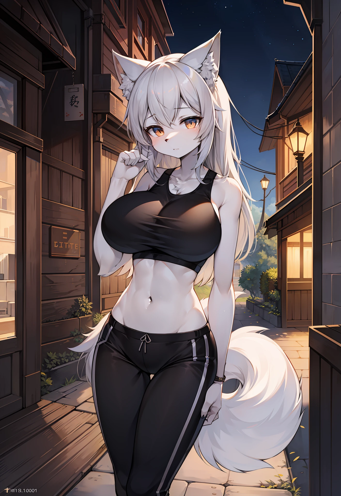 （furry art，Uploaded on e621：1.4），（tmasterpiece：1.3），（best qualtiy：1.2），（2D：1.0），（anime big breast：1.0），（illustratio：1.0），（sharp：1.2），（night_environment），（城市），（Pubic area is clear，shiny：0.8），（Impasto：1.1），（ultra - detailed：1.0）（1girll，独奏），（fox_girl，Human furry：1.6），（anthro_female_fox：1.2），Raised sexy，wolf women，Gray tail，（Slim waist），thin very long legs，thigh high，Sports bra，shorter pants，