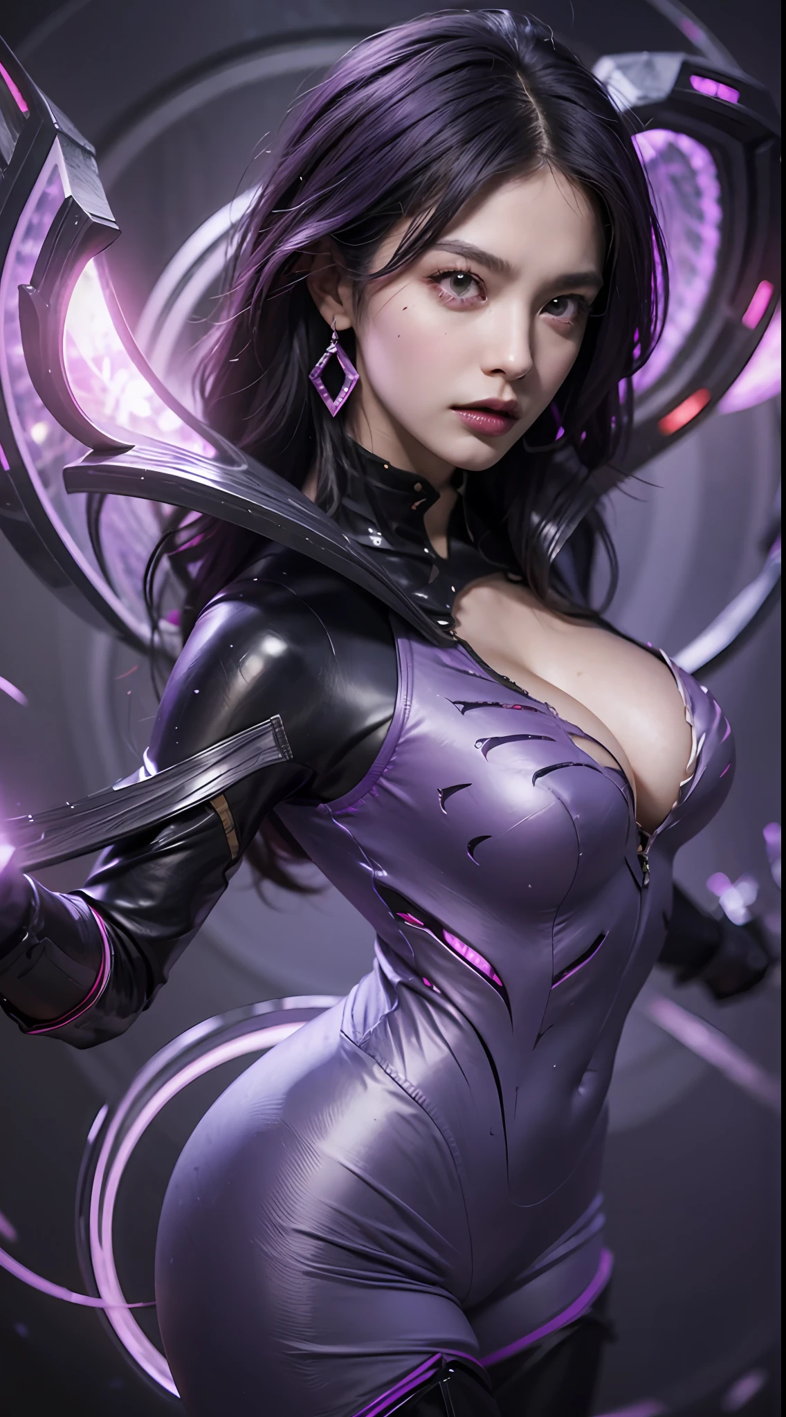 s the perfect face，Nice face，perfect hand，1girll，Kai'Sa，league of legend，Kai'Sa，Purple wings，Deep purple hair，Purple lips，(Purple glowing eyes)，(Purple pattern on the face)，Purple earrings，(Black collar)，Big breasts tightened，Serious expressions，intense glare，Don't look at the audience，from back，（dynamicposes），(Wings of the Void)，arma，tmasterpiece，the Extremely Detailed CG Unity 8K Wallpapers，best qualtiy，32K，Focus Clear，Cyber City，neonlight，light circles，The background is a black hole，Purple Leather Pants，(The navel glows purple)，Purple glow at the waist，Purple areola，(Pronounced vest line)，Do yoga