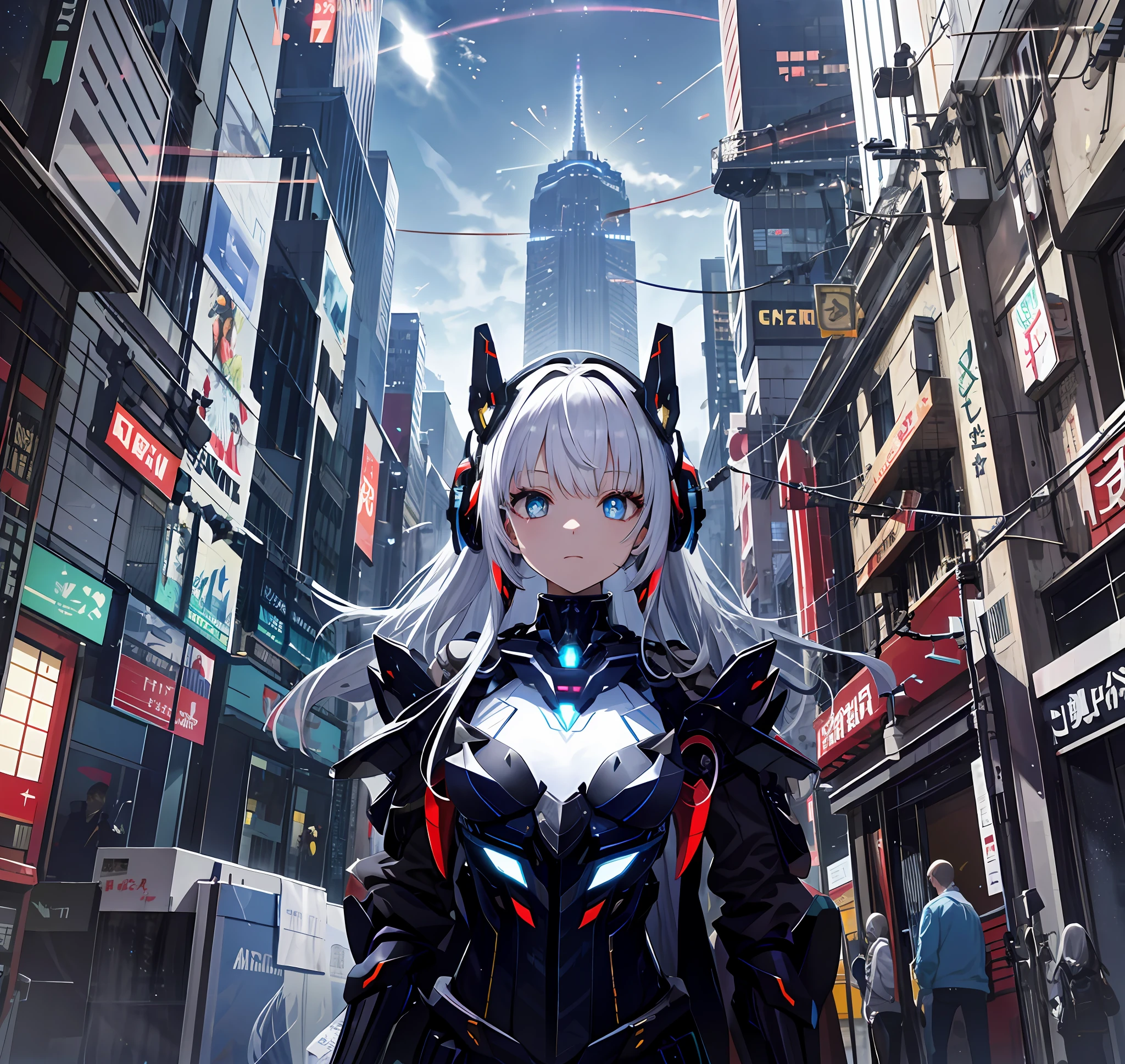 tmasterpiece,best qualtiy,ultra - detailed,very detailed illustration,The is very detailed,Complicated details,A high resolution,super complex detail,Very detailed 8k CG wallpaper,cowboy lens,Caustics,Reflectors,Ray traching,Demon Theme,Starcloud,darkness aura,cyber effect,(1girll:1.4),Solo,Alone,Mecha musume,mechanicalparts,robotjoints,single mechanical arm,Headgear,Mechanical Aura,Star halo,electric mechanical bodysuit,mecha corset,komono,Full armor,Very long hair,White hair , Hair between both eyes, Colorful hair, Colored inner hair, blue colored eyes, glowing light eyes, Eye trajectories, Random expressions, Random actions, Ancient Japanese architecture, ponds, starrysky, skylines,