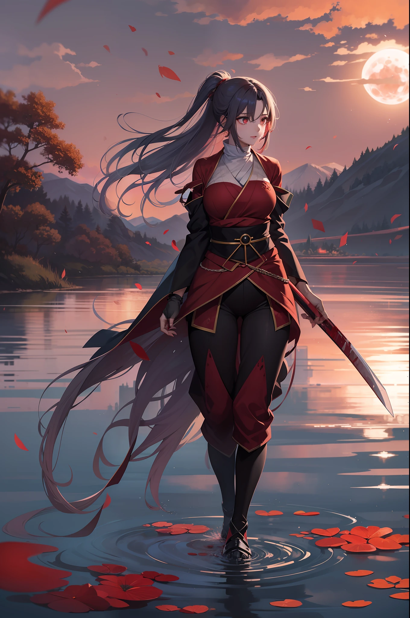 a beautiful and cute female walks on the lake in the mountain, the surface of the lake show that the female's two charactor's sides, above the lake is her light and kind side, below the lake is her dark and haemophius side, she is a female ninja, a blood moon on the sky, blood filled under the lake, wonderful lake and awesome blood field, Anime