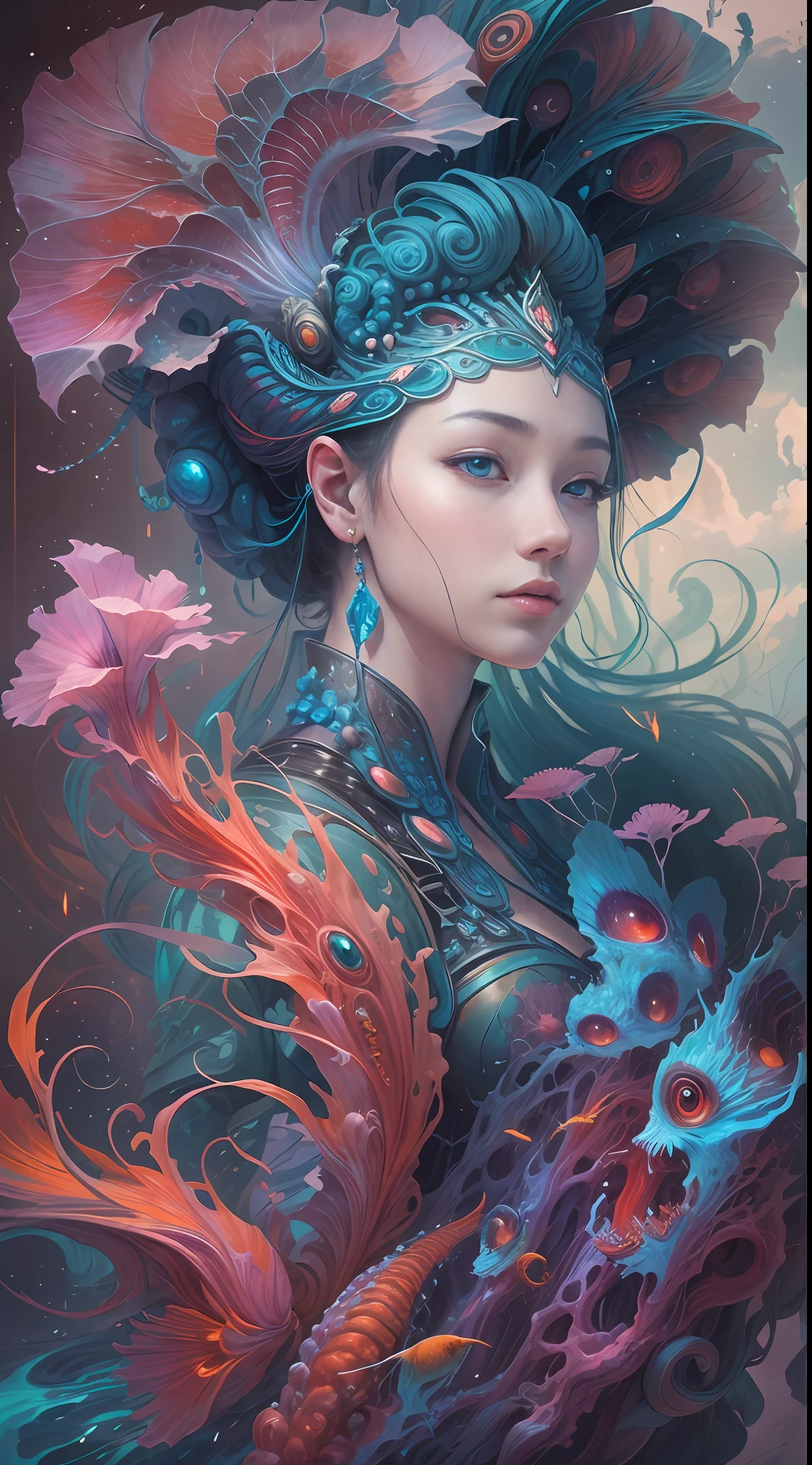 best qualtiy，tmasterpiece，超高分辨率，（photograph realistic：1.4），ultra-realistic realism，Dream-like，The beautiful blue-skinned goddess wears a phoenix peacock on her head, Nautilus, a betta fish，The creation of fantasy，Brain conch，Dream Conch，Biopunk Nautilus，Thrilling color scheme， ultra-realistic realism， abstracted， psychedelia,