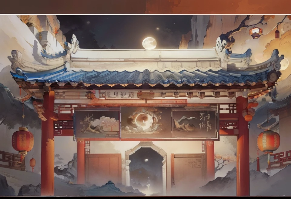Ancient Chinese landscapes,Ancient buildings,Pavilions,Carved beams and paintings,enchanting scenery,Night,Moon light,Layered, Rich light and shadow,Mid-Autumn Festival, Ink painting style,clean color,Low-saturation colors,Colors of low brightness,Decisive cut,Leave white space,impressionistic,tmasterpiece,ultra - detailed,Epic composition, HighestQuali,hyper realisitc,Art germ --v 6