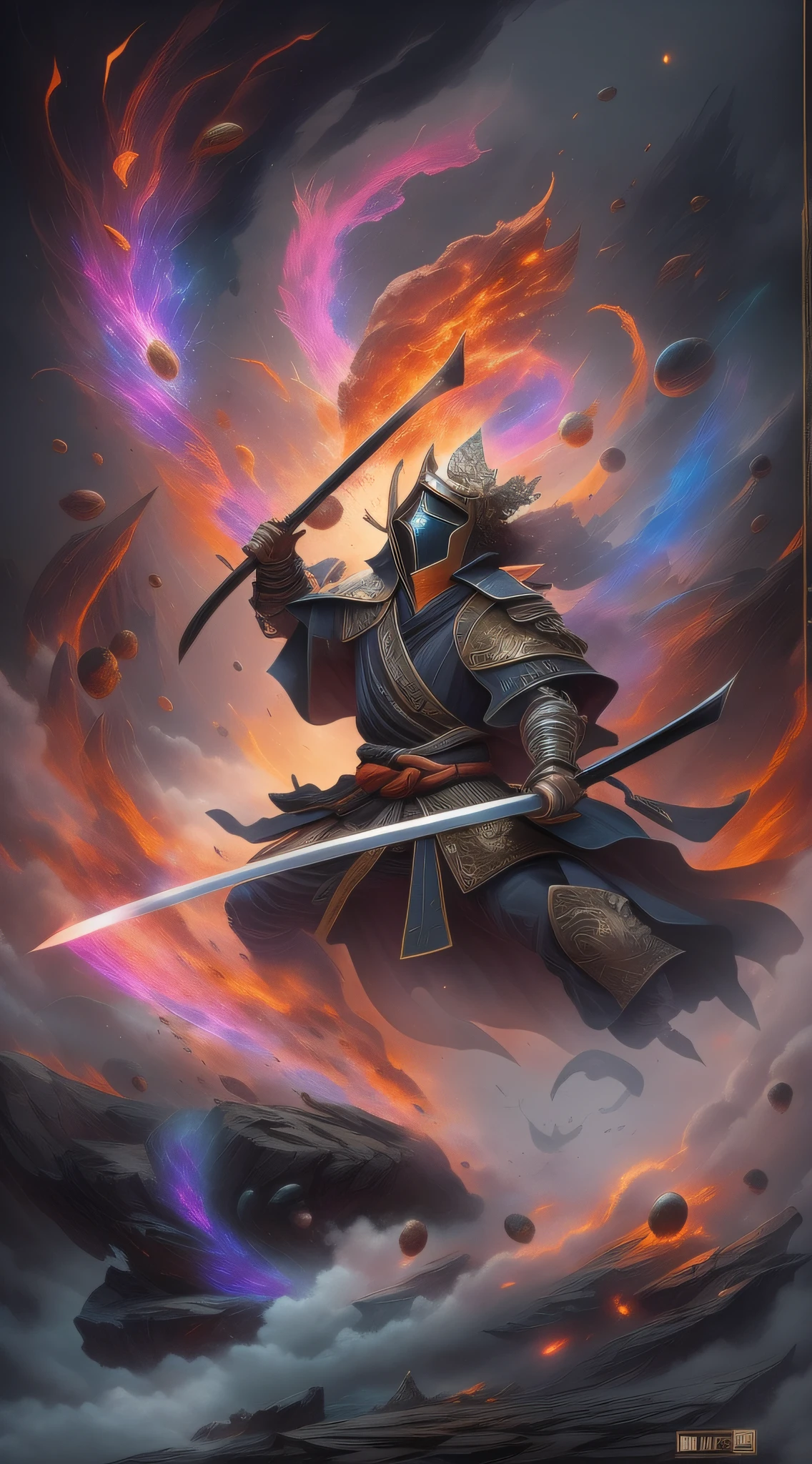 A samurai masquerading as the deity in action and unleashing an attack on enemies with his mystical katana in a dark battle, armadura GALAXY de corpo inteiro, Plumes of black jet smoke, Charcoal, explosion of vibrant colors, sengoku period, incrivelmente detalhado, morbid, Escuro, Principais elementos visuais, Renascimento, volumetric light, Atmospheric, Estilo Greg Retkowski, ao estilo de Peter Mohrbacher, Altamente realista, Ultra Wide Epic Shooting, Motor Unreal 5