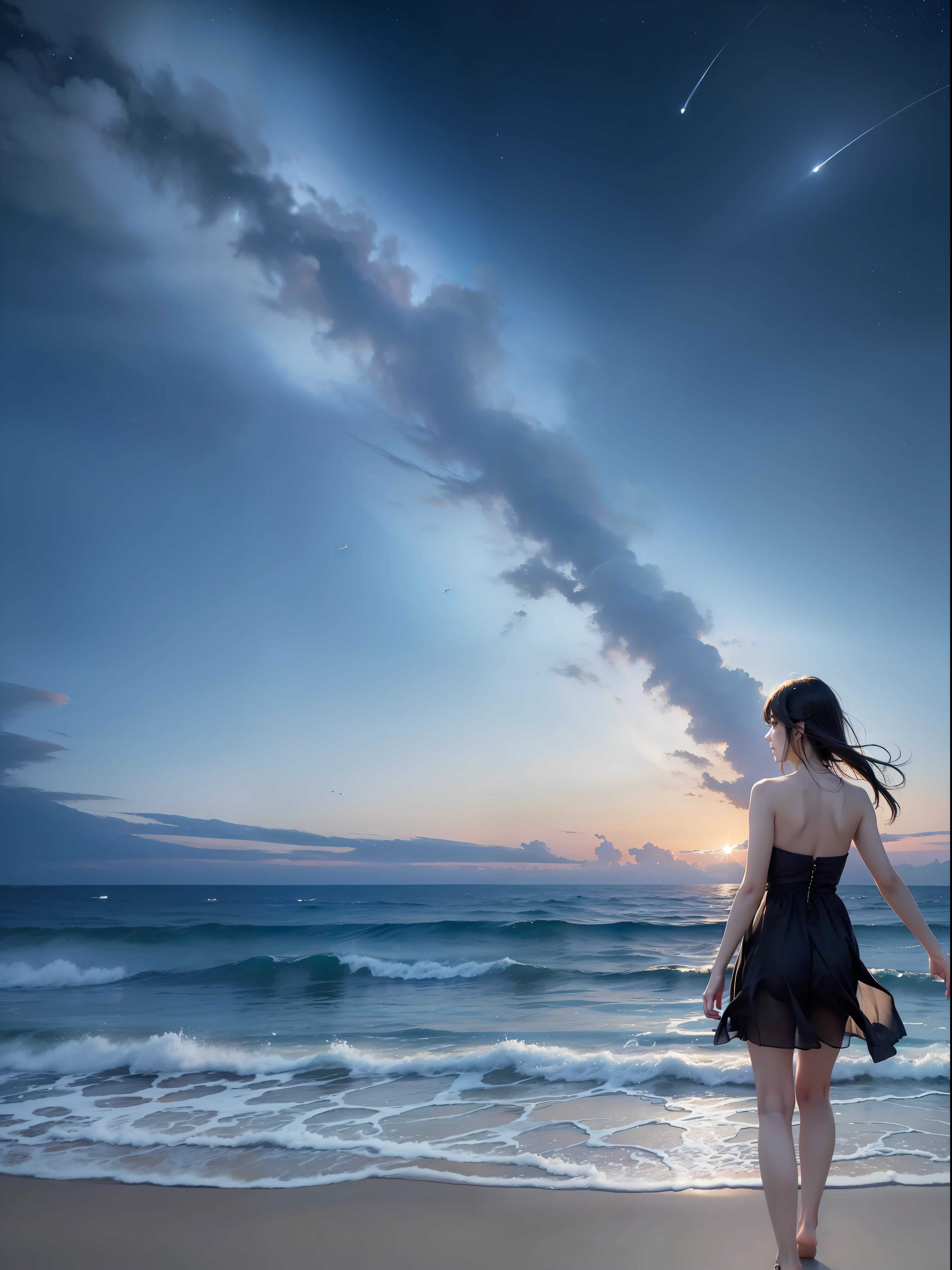 (((hight resolution)))、(in 8K)、 (((ighly detailed)))、(top-quality、masterpiece:1.3)、((sharpnes))、ciinematic light、Full view、Vast sky、the beautiful skyline、Vast sea、Far Horizon、Distant waves、Distant islands々、 extremely tense and dramatic pictures、the moving visual effects、natta、(dark sky)、(shooting stars)、the colorful natural light、White sandy beach、Beautiful woman walking on the beach、No text