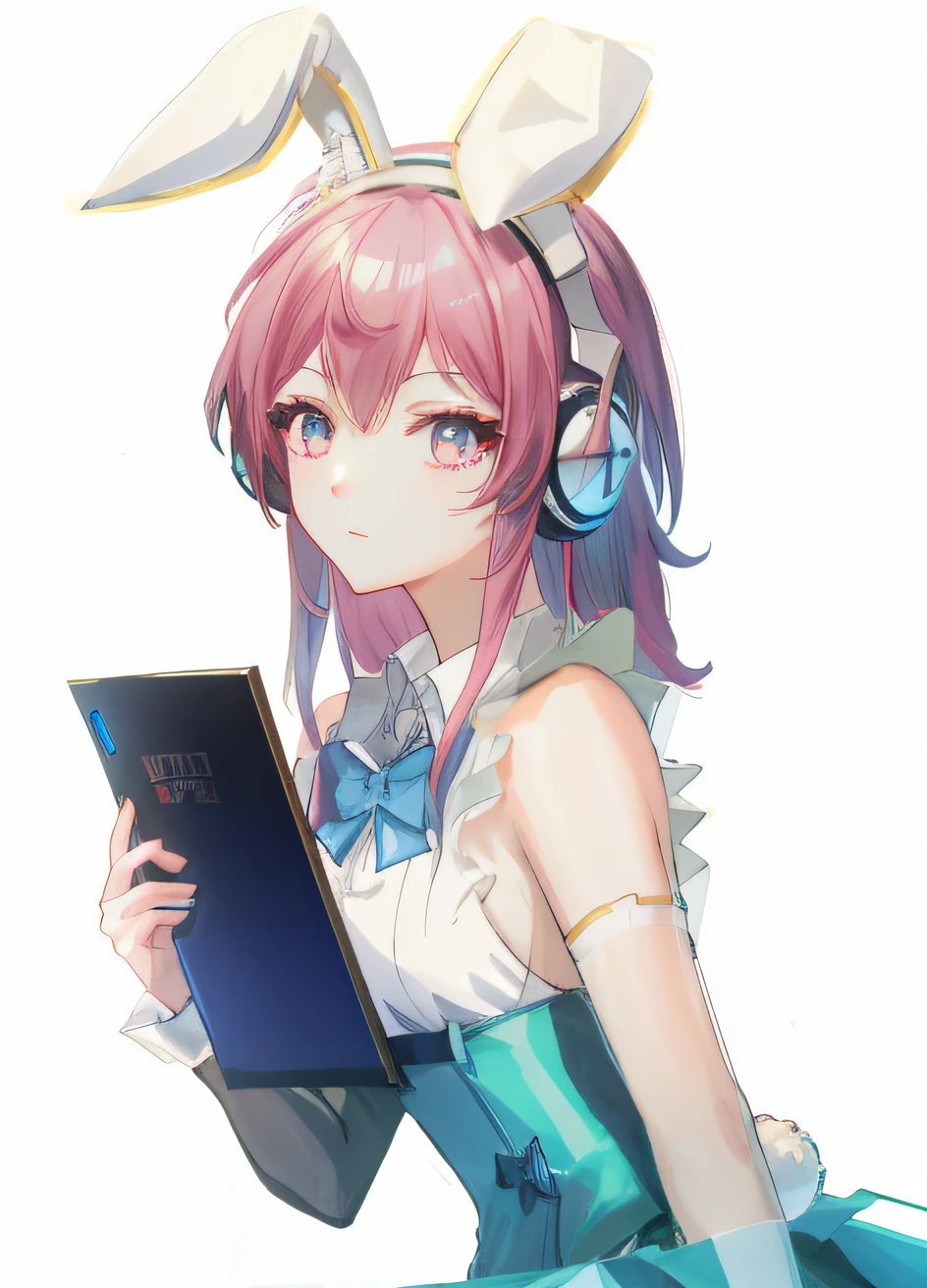 Anime girl holding tablet wearing gaming high-end headset，Wears furry rabbit white ears,  Wearing a gaming headset,Wearing a gaming headset, Fine masterpiece，a beauty girl，4K masterpiece，grand master，Dress with a cute bow，