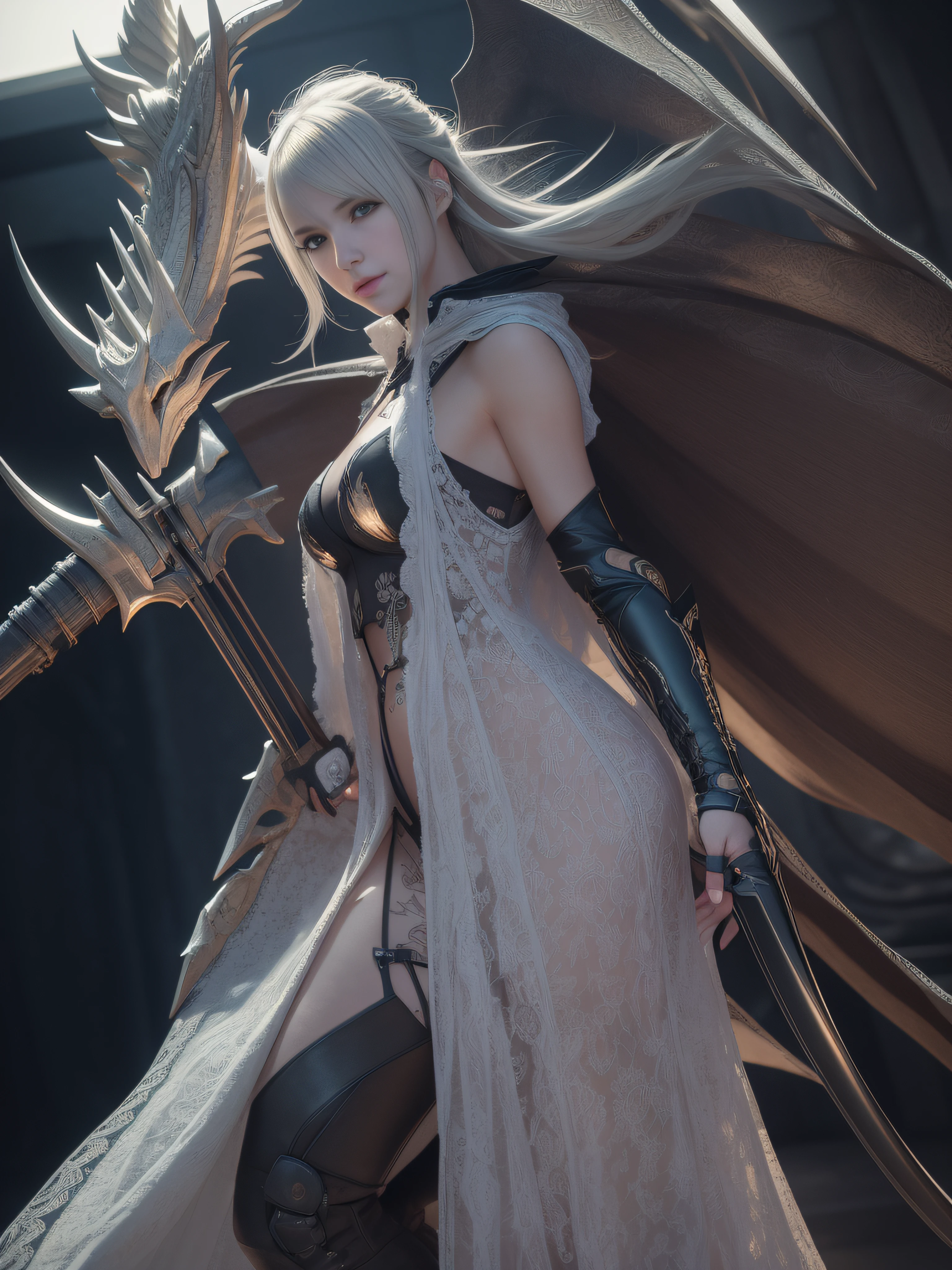 Highest image quality,Outstanding details,超高分辨率,(Fidelity:1.4), Favor the details,(Final Fantasy XV character Ellania Dragon Knight), Wielding the Fang Tianlong Halberd,Cloak, She has a delicate and beautiful face,Raised sexy,cyber punk perssonage,Futuristic,mechanically aesthetic,Virtual Engine 5,Perfect detail rendering,rendering by octane,hyper HD