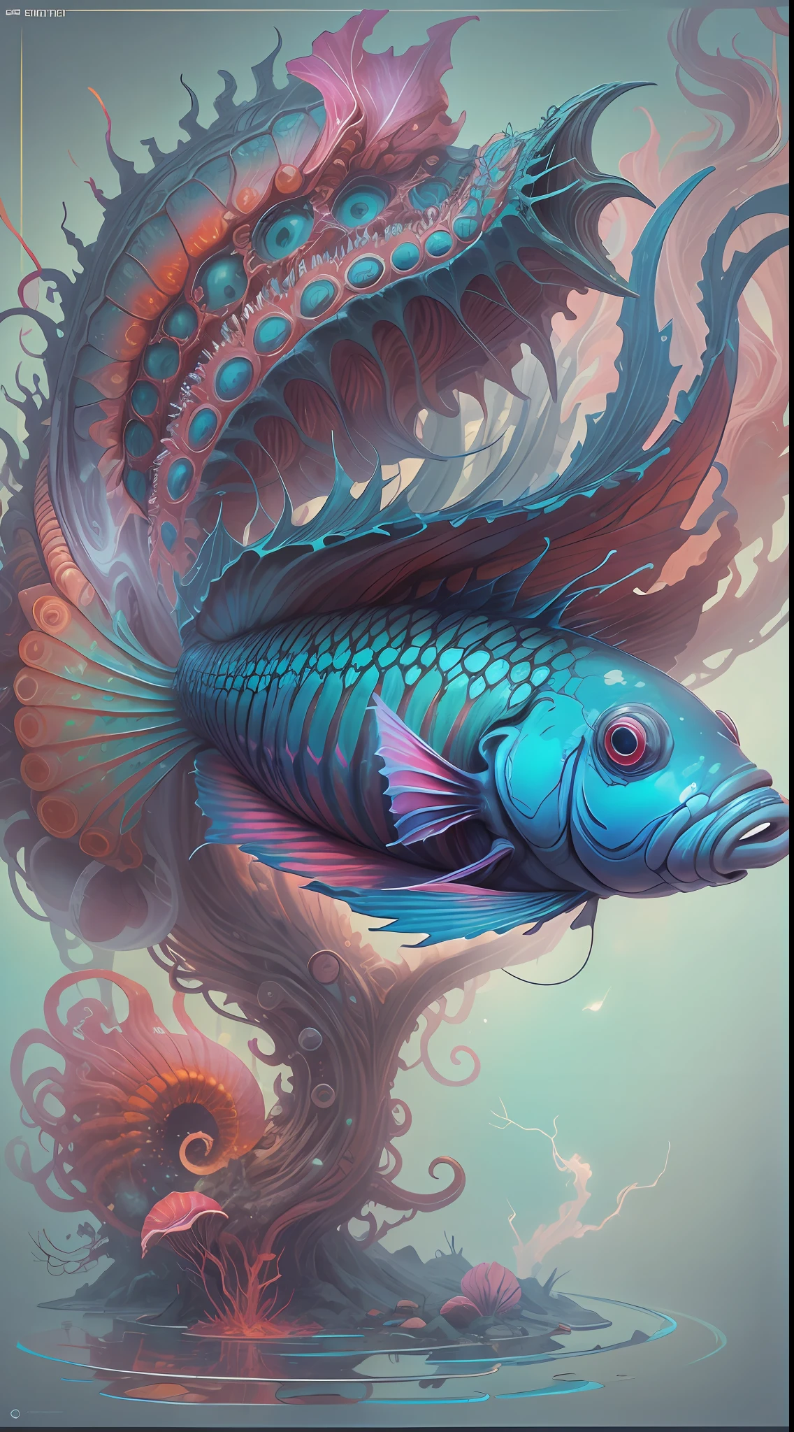 best qualtiy，tmasterpiece，超高分辨率，（photograph realistic：1.4），ultra-realistic realism，Dream-like，The beautiful blue goddess wears a phoenix peacock on her head, Nautilus, a betta fish，The creation of fantasy，Brain conch，Dream Conch，Biopunk Nautilus，Thrilling color scheme， ultra-realistic realism， abstracted， psychedelia,