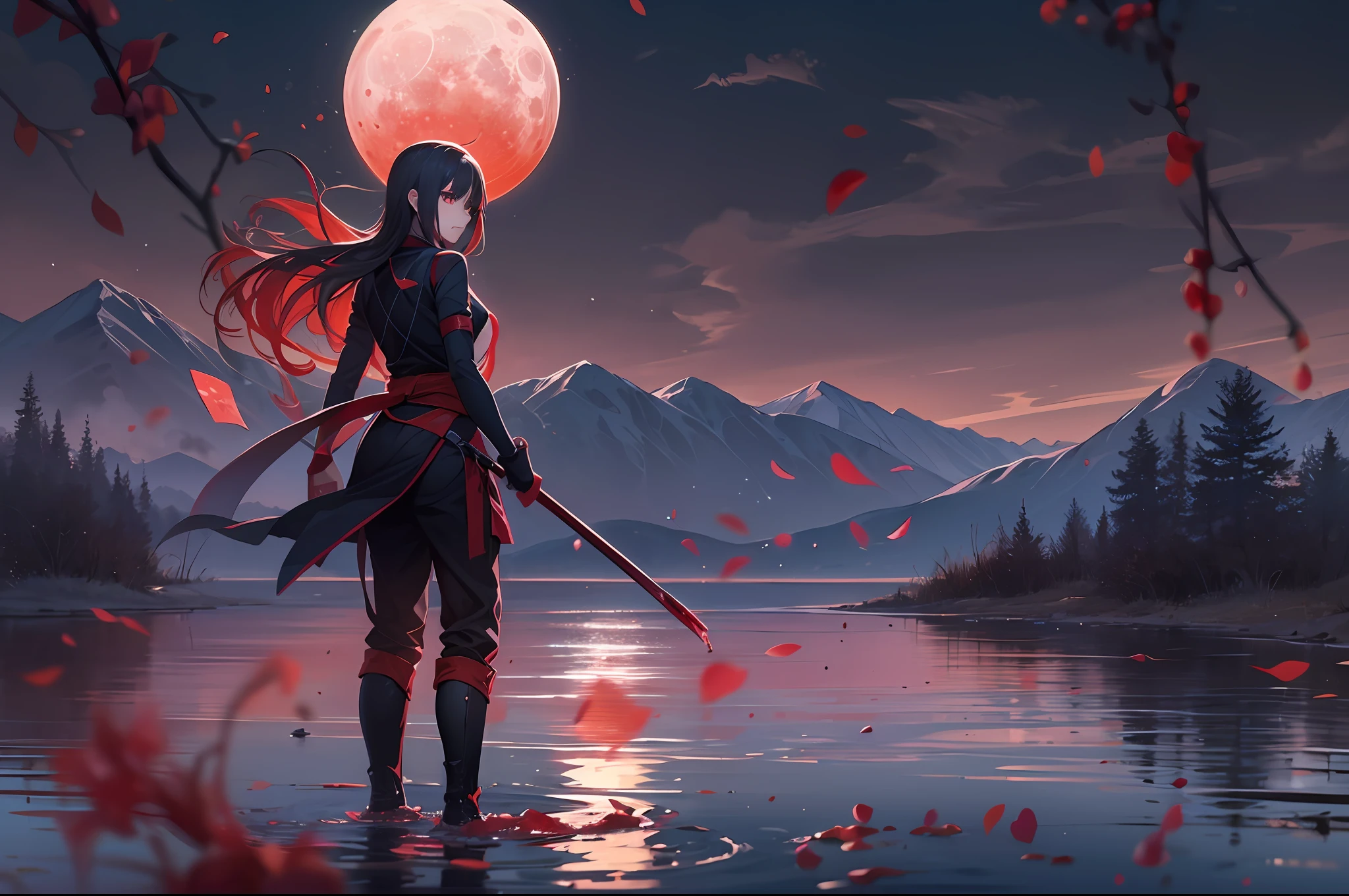 a beautiful and cute female walks on the lake in the mountain, the surface of the lake show that the female's two charactor's sides, above the lake is her light and kind side, below the lake is her dark and haemophius side, she is a female ninja, a blood moon on the sky, blood filled under the lake, wonderful lake and awesome blood field, Anime