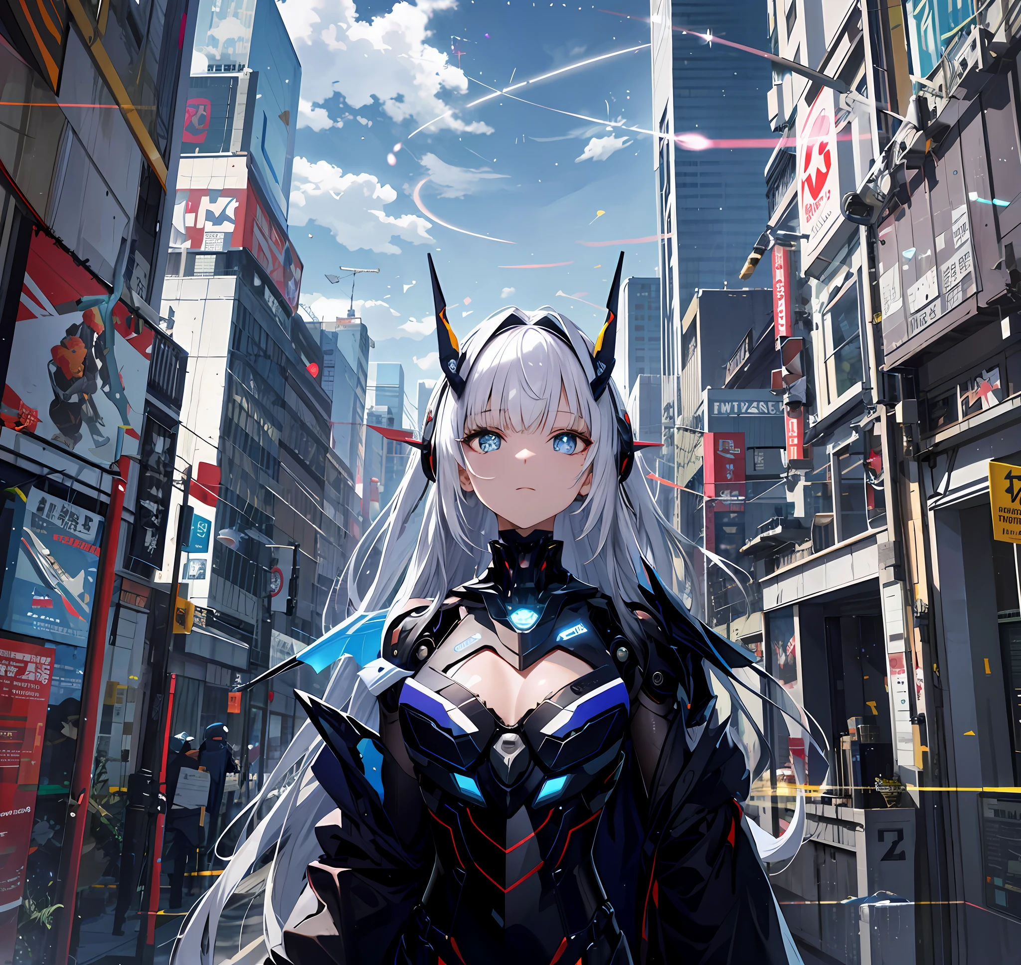 tmasterpiece,best qualtiy,ultra - detailed,very detailed illustration,The is very detailed,Complicated details,A high resolution,super complex detail,Very detailed 8k CG wallpaper,cowboy lens,Caustics,Reflectors,Ray traching,Demon Theme,Starcloud,darkness aura,cyber effect,(1girll:1.4),Solo,Alone,Mecha musume,mechanicalparts,robotjoints,single mechanical arm,Headgear,Mechanical Aura,Star halo,electric mechanical bodysuit,mecha corset,komono,Full armor,Very long hair,White hair , Hair between both eyes, Colorful hair, Colored inner hair, blue colored eyes, glowing light eyes, Eye trajectories, Random expressions, Random actions, Ancient Japanese architecture, ponds, starrysky, skylines,