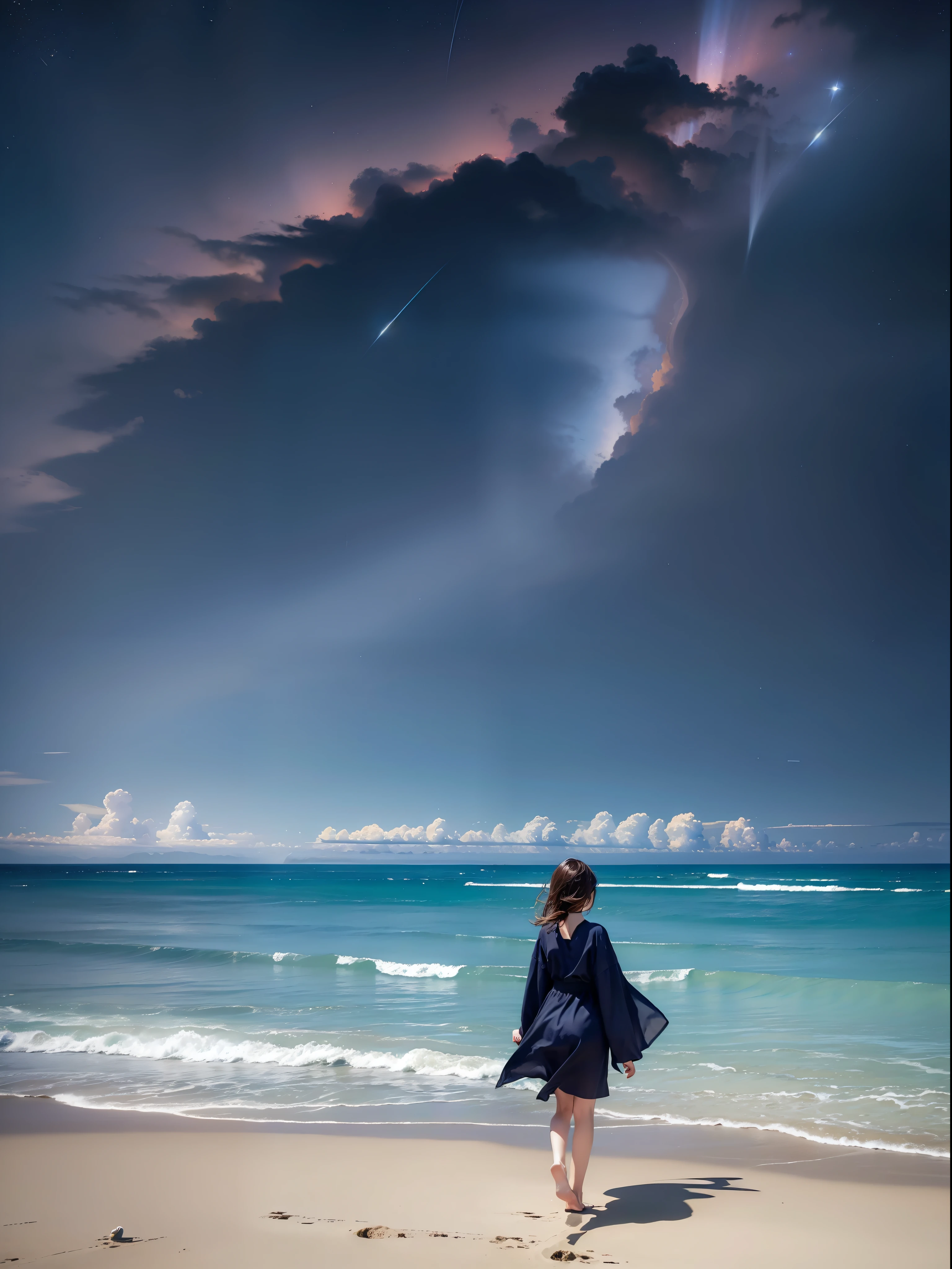 (((hight resolution)))、(in 8K)、 (((ighly detailed)))、(top-quality、masterpiece:1.3)、((sharpnes))、ciinematic light、Full view、Vast sky、the beautiful skyline、Vast sea、Far Horizon、Distant waves、Distant islands々、 extremely tense and dramatic pictures、the moving visual effects、natta、(dark sky)、(shooting stars)、the colorful natural light、White sandy beach、Beautiful woman walking on the beach、No text