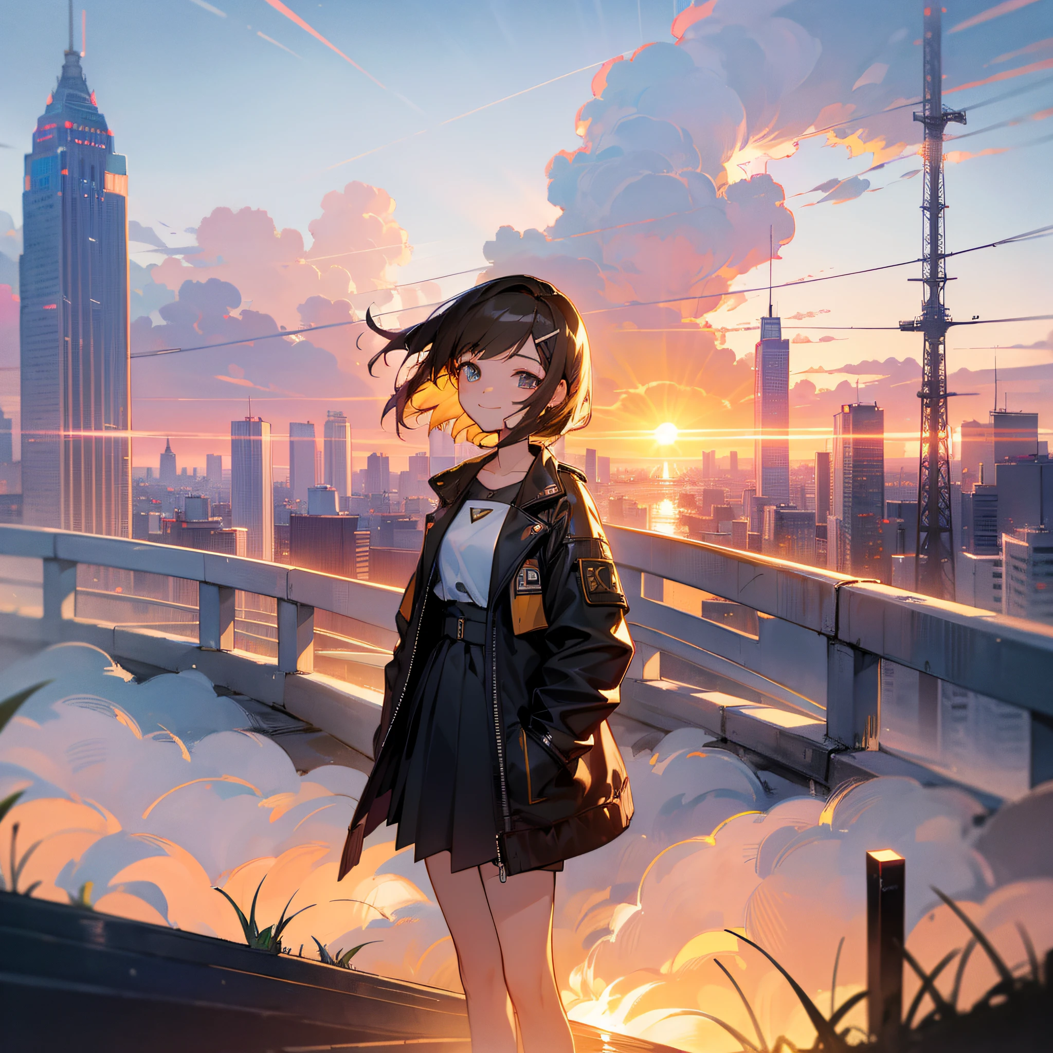 masterpiece:1.3),(best quality),(ultra-detailed),,8k,semi-realistic,4k,RTX,shaders,brilliant texture work, standing in the city street,sunset,clouds, ,smile, short hair, hairpin,sunset view , ,shiny sun, far view, highly detailed,8k, lightning from the sun into the building, night city view, top building, detailed sky, , neons light,1 girl , cute outfit