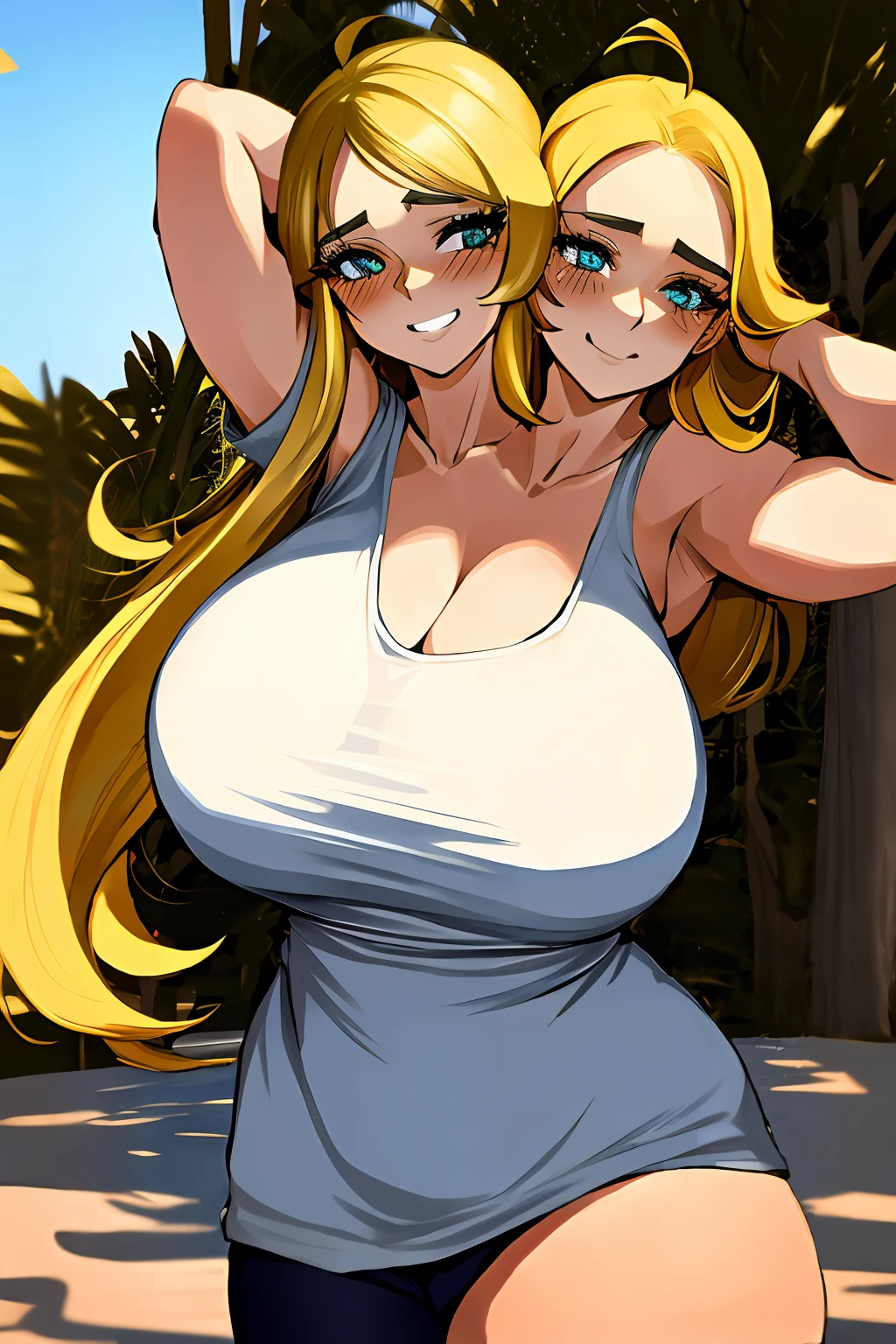 2heads, a short chubby woman with 2 heads. She has enormous breasts. She is inside a living room. She is wearing a tight colorful tank top and leggings. She has gigantic breasts. She has long blonde hair. She is sweating. She looks exhausted. She is smiling. She is blushing. She has enormous breasts. Her breasts are very circular and round.